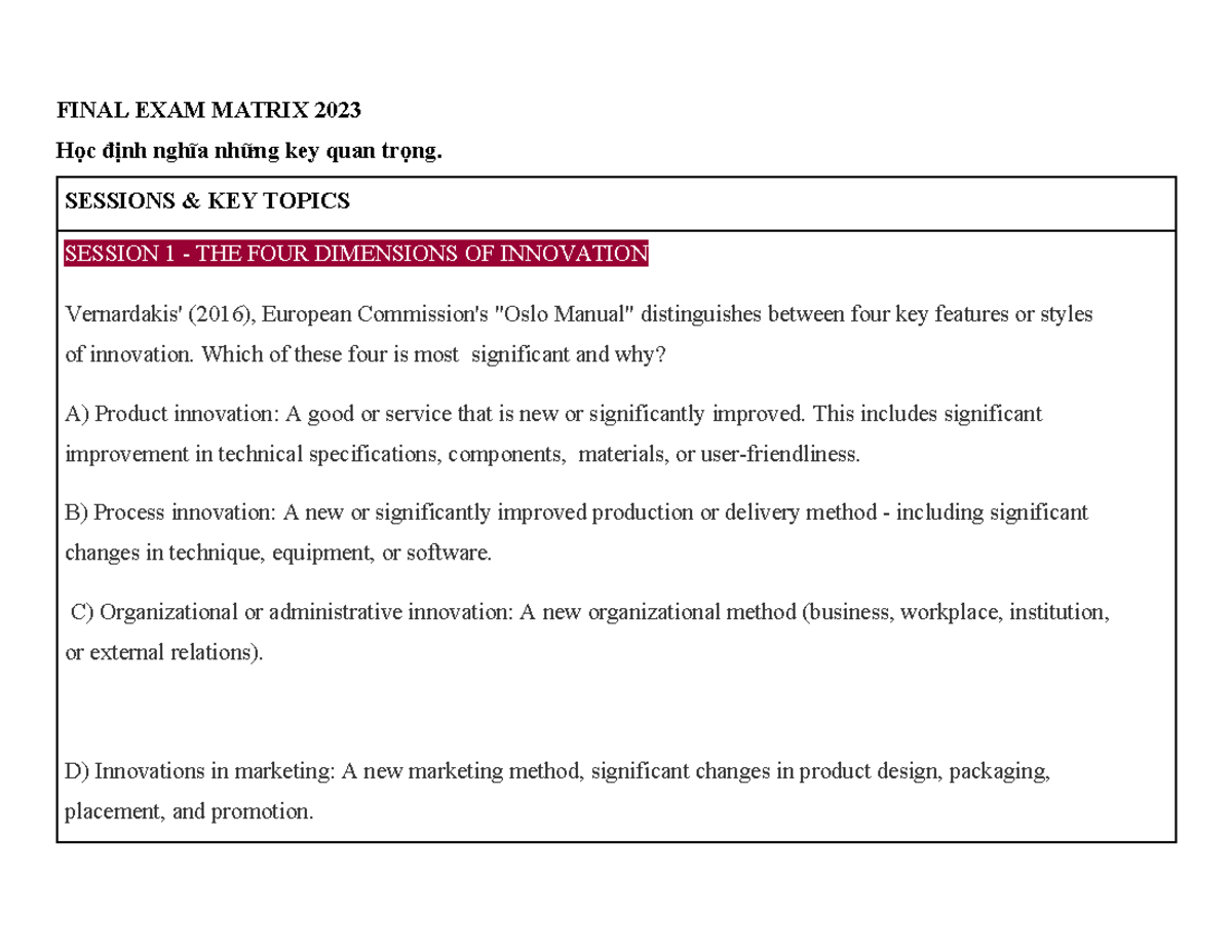 IES Final Exam Matrix FINAL EXAM MATRIX 2023 Học định nghĩa những key