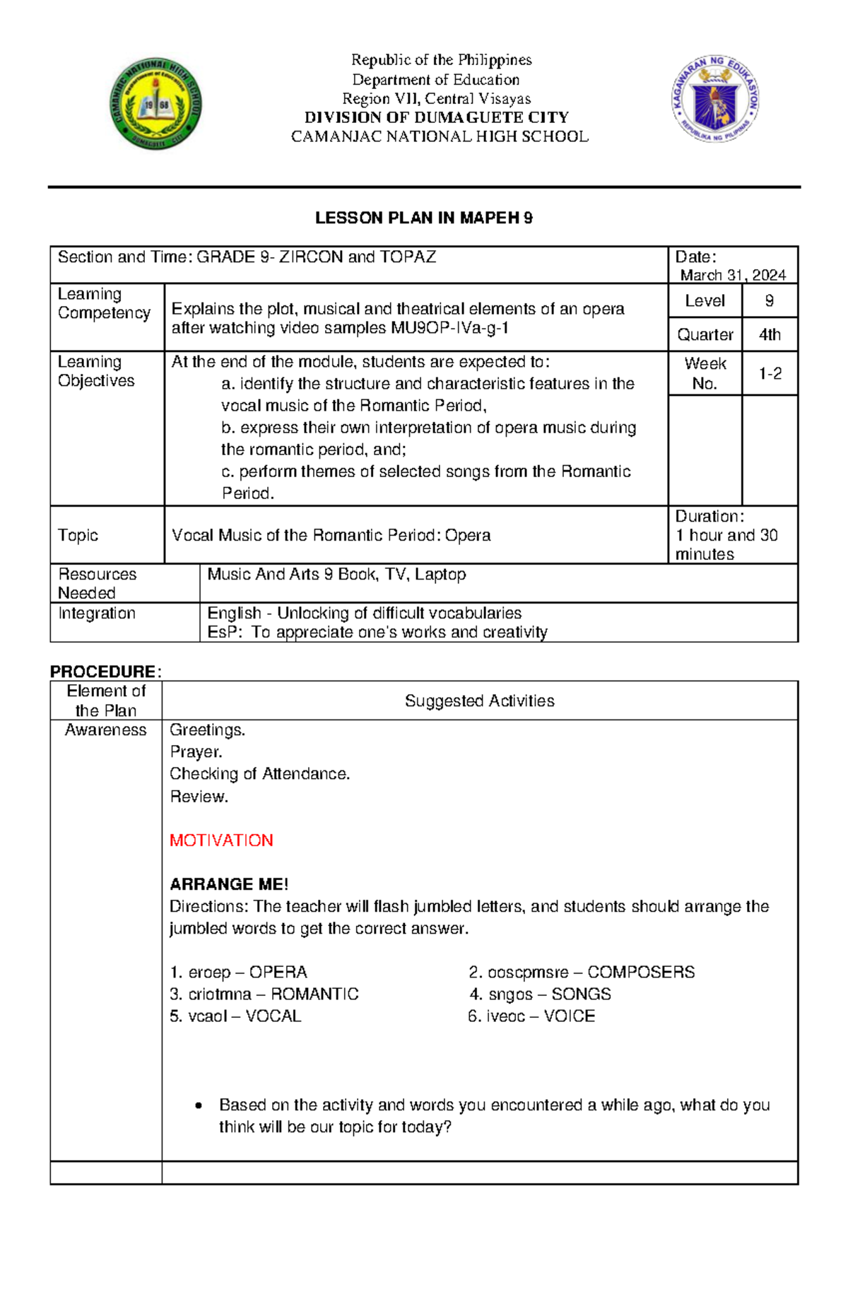 Music Q4 Lesson Plan #1 - Republic of the Philippines Department of ...