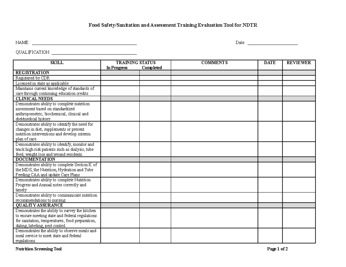 Competency Training Tool-NDTR - Food Safety/Sanitation and Assessment ...