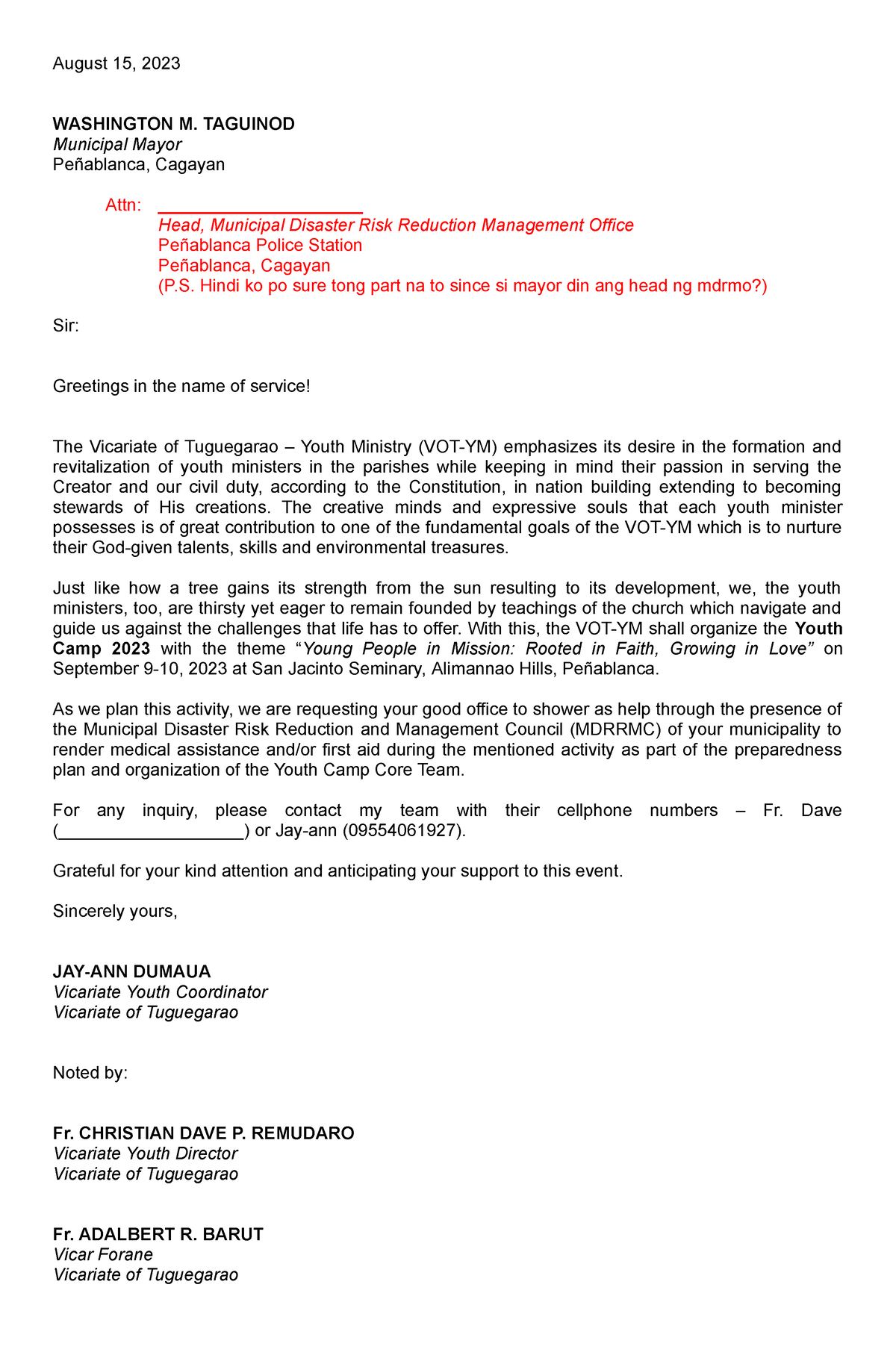 Letter to Mayor Mdrrmo - August 15, 2023 WASHINGTON M. TAGUINOD ...