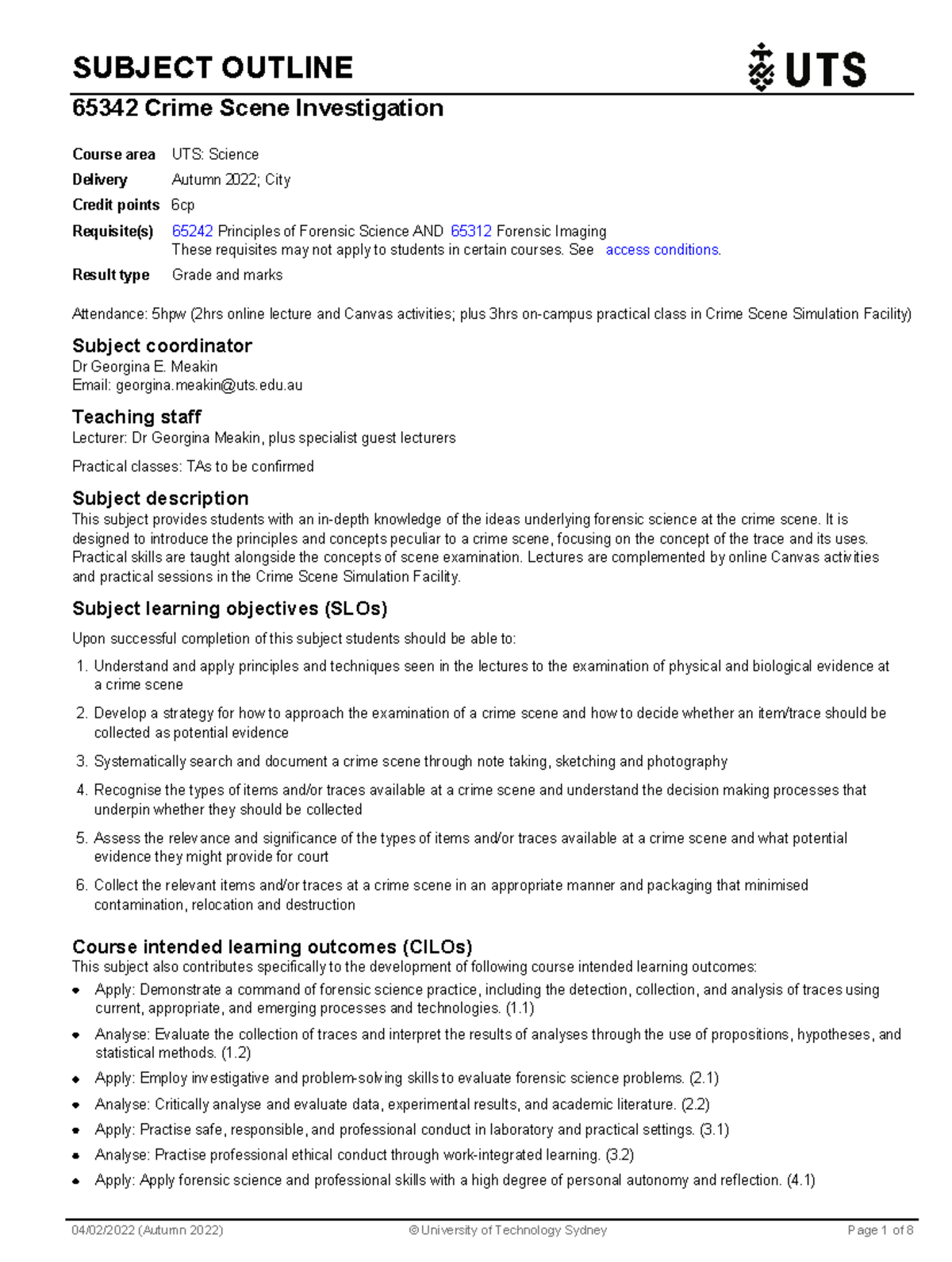 Subject outline - SUBJECT OUTLINE 65342 Crime Scene Investigation ...