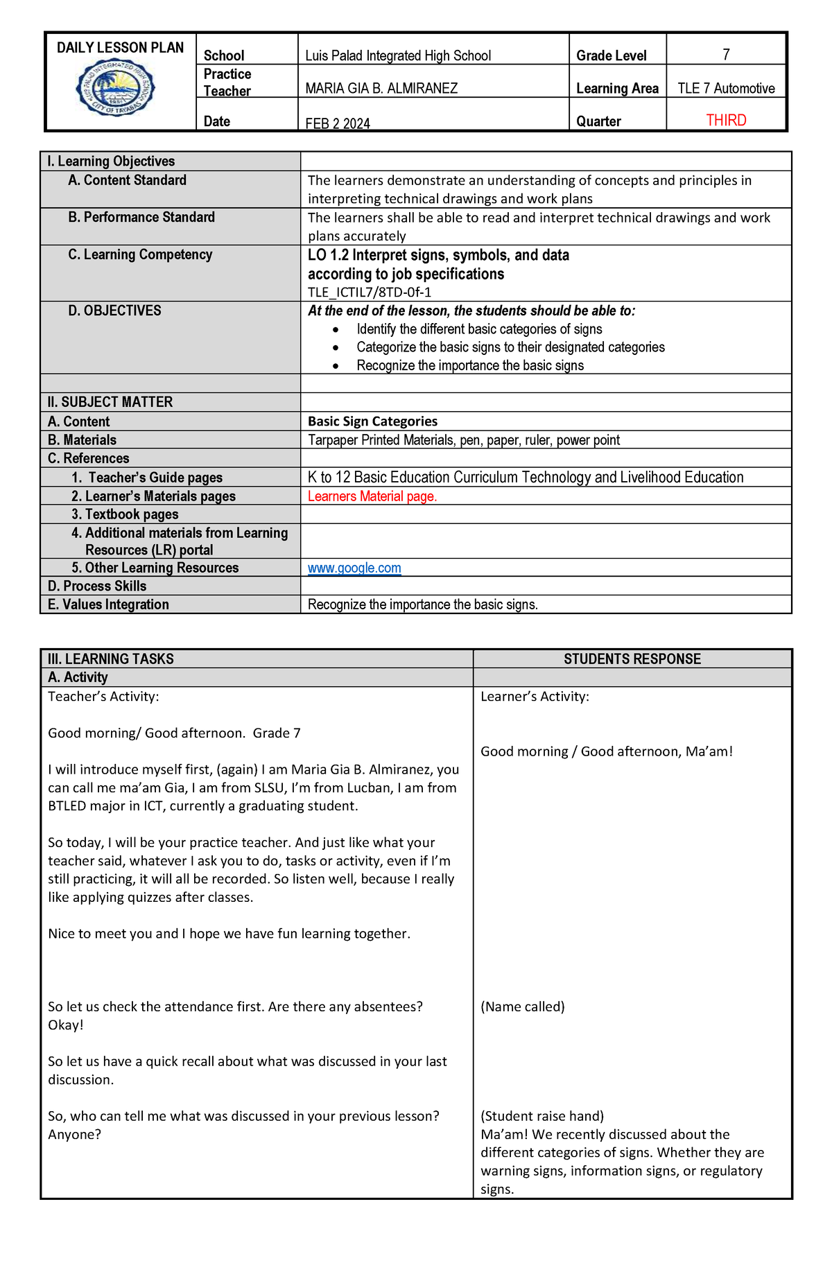 Automotive DLL for Tue Basic signs - Practice Teacher MARIA GIA B ...