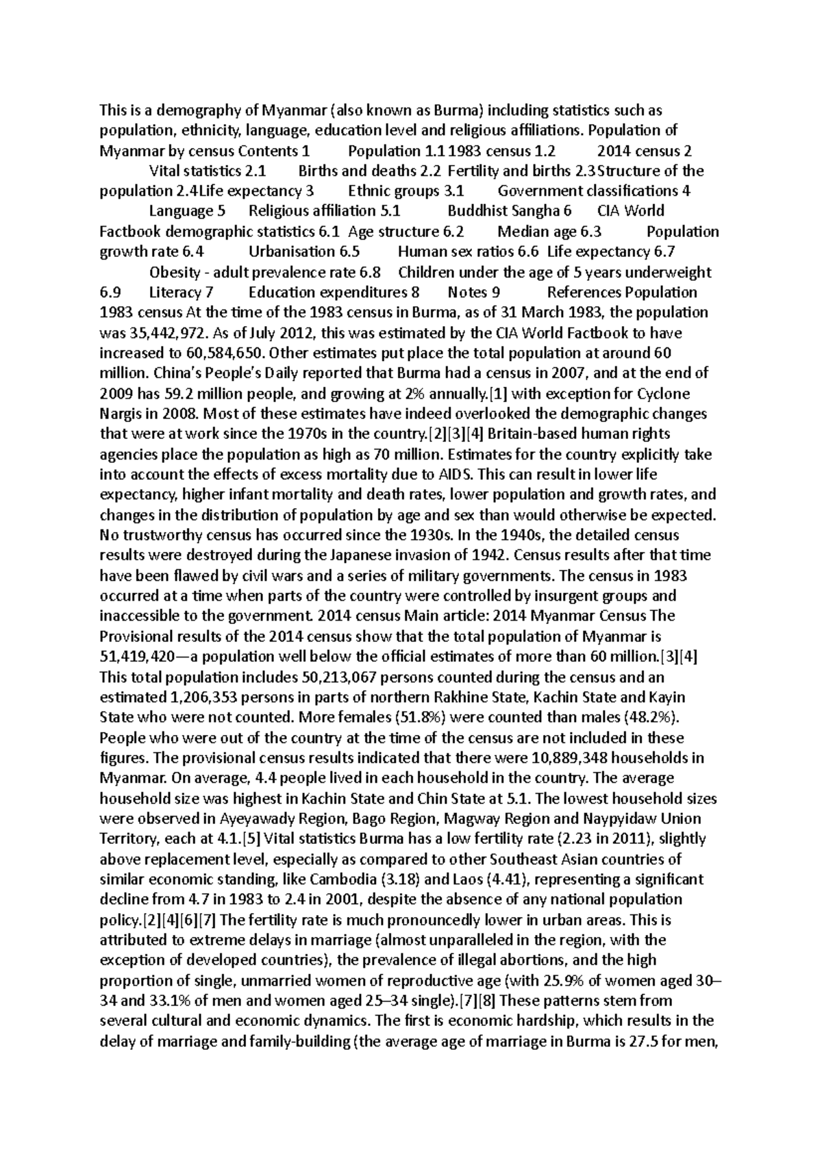 Myanmar Detailed summary This is a demography of Myanmar (also