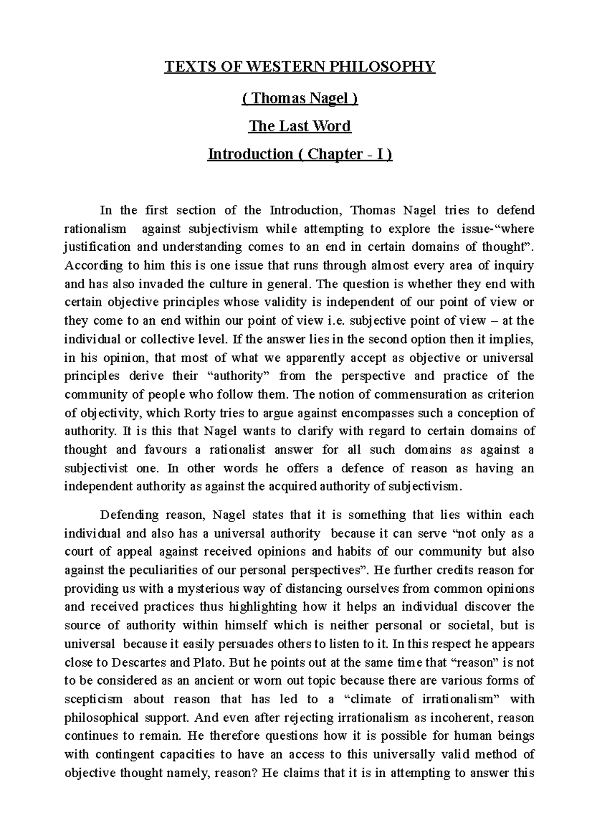 Nagel notes 22 sem 4 TEXTS OF WESTERN PHILOSOPHY ( Thomas Nagel