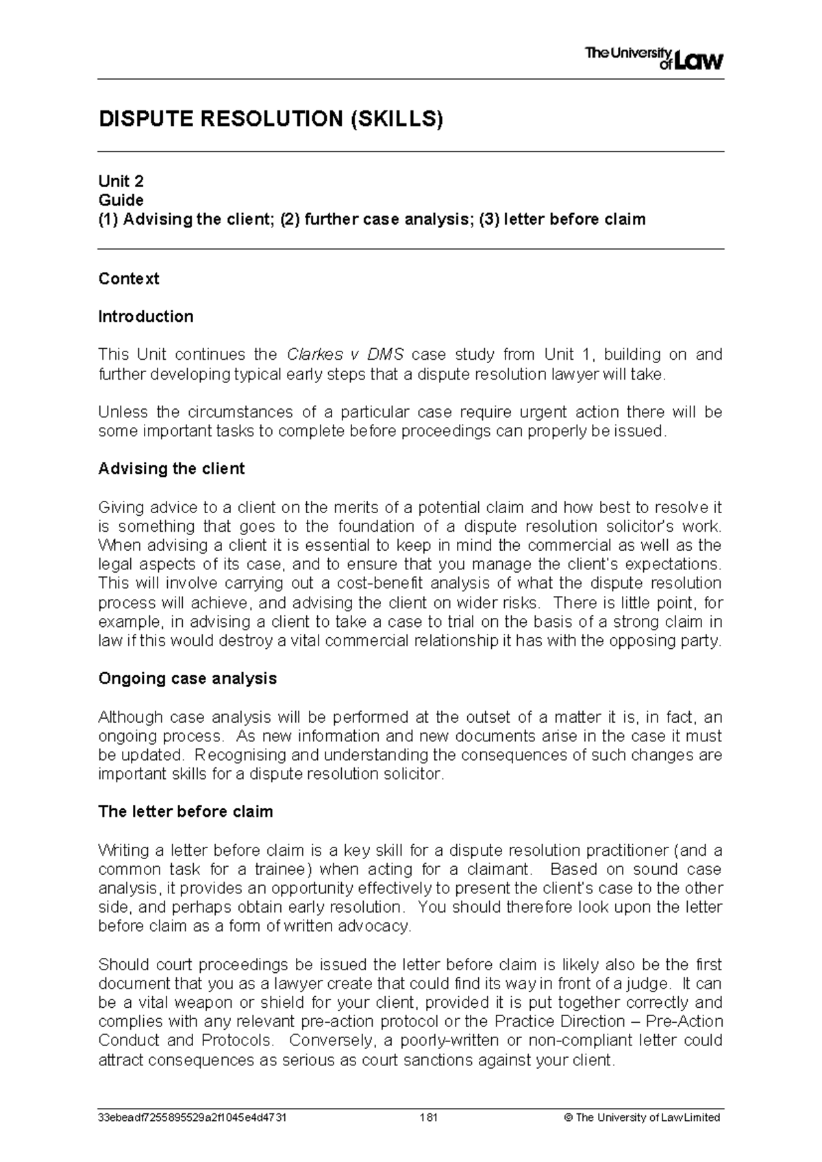 Workshop Guide - DISPUTE RESOLUTION (SKILLS) Unit 2 Guide (1) Advising ...