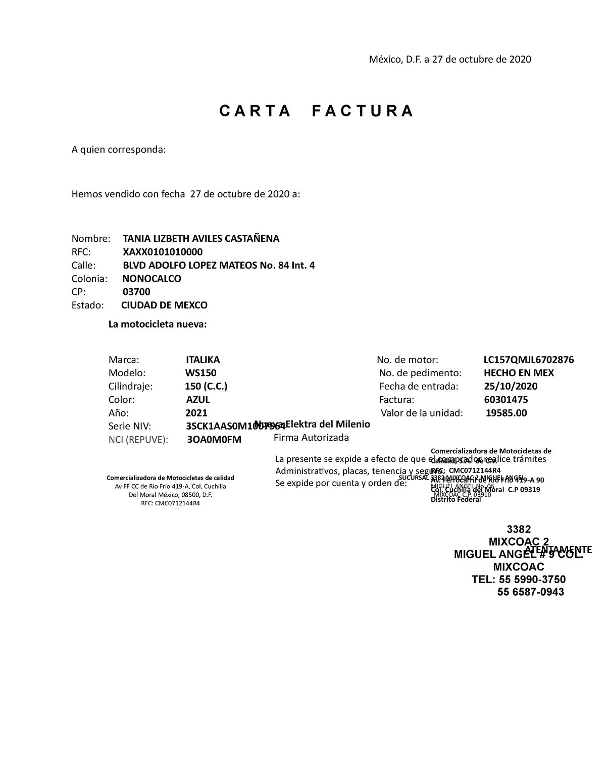 Carta Factura Italika México D A 27 De Octubre De 2020 A Quien Corresponda Hemos Vendido 8278