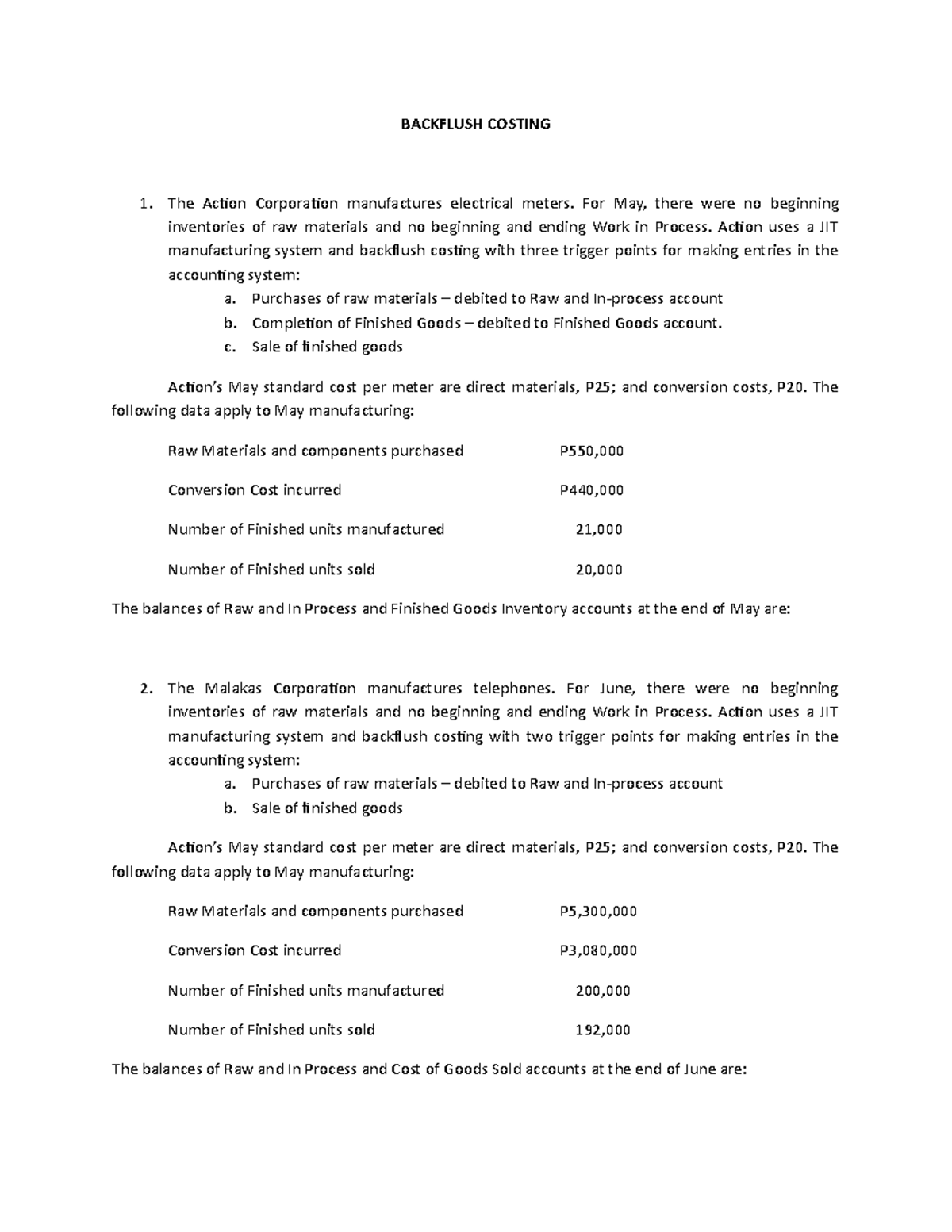 Backflush Costing 1 - Lecture notes 1, 2 - BACKFLUSH COSTING The Action