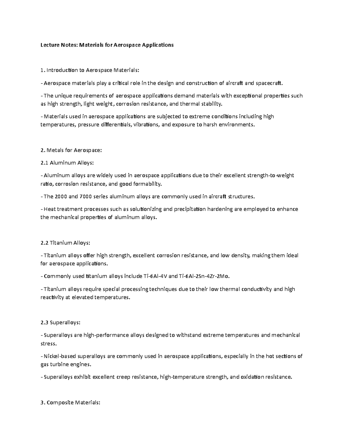 Lecture Notes: Materials for Aerospace Applications - Lecture Notes ...