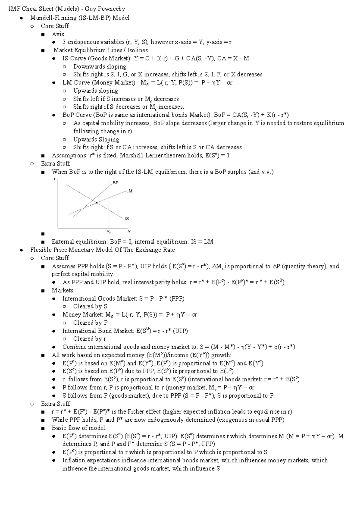 IMF Cheat Sheet (Models) - ) External Equilibrium: BoP = 0, Internal ...