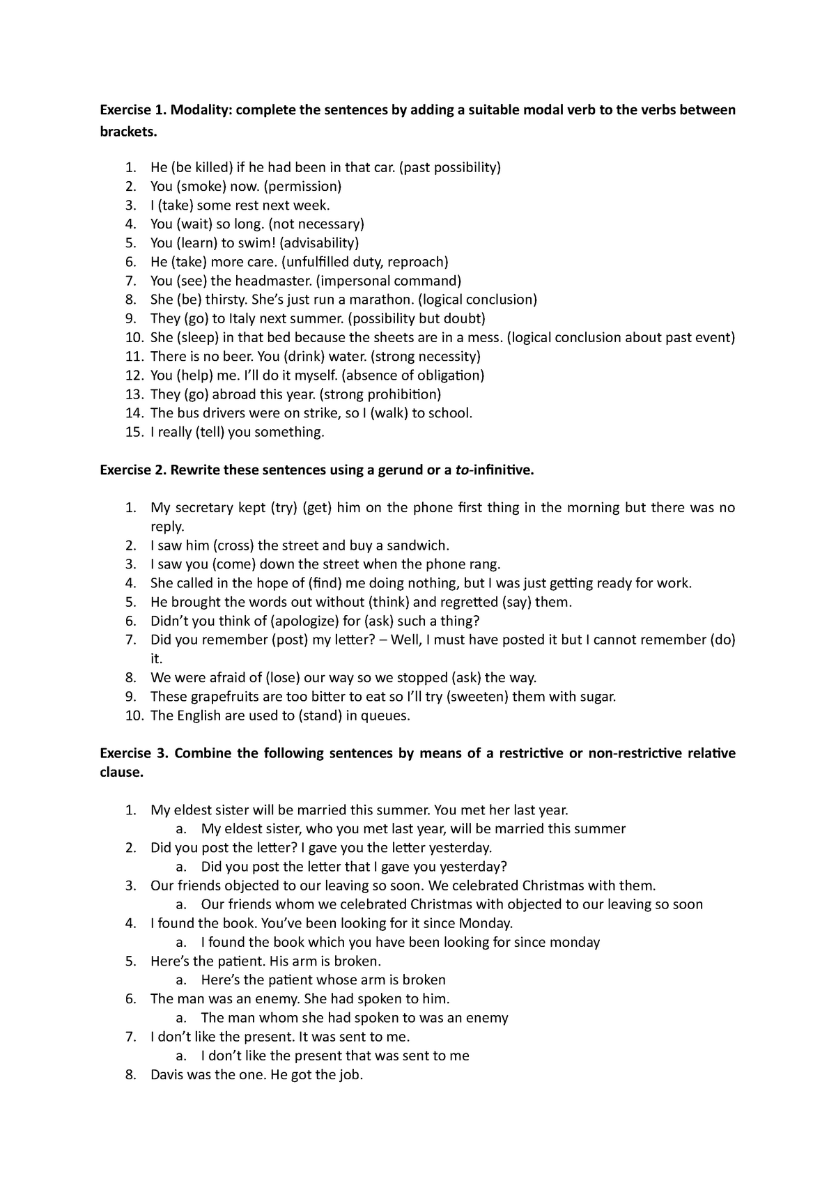 Extra Grammar Practice Modals RC Gerund Spelling - Exercise 1. Modality ...