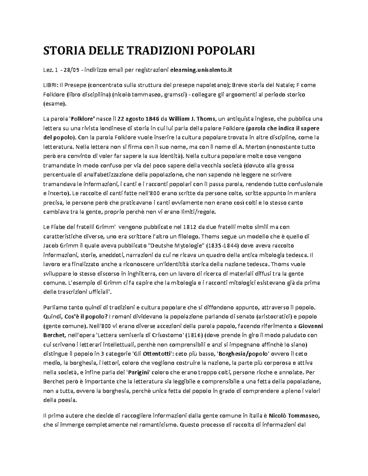 Storia Delle Tradizioni Popolari STORIA DELLE TRADIZIONI POPOLARI Lez