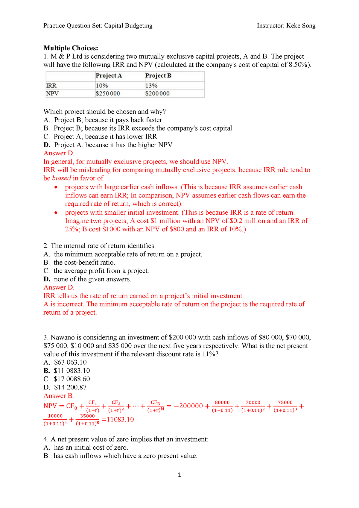 Capital Budgeting Practice Solutions - Multiple Choices: M & P Ltd Is ...