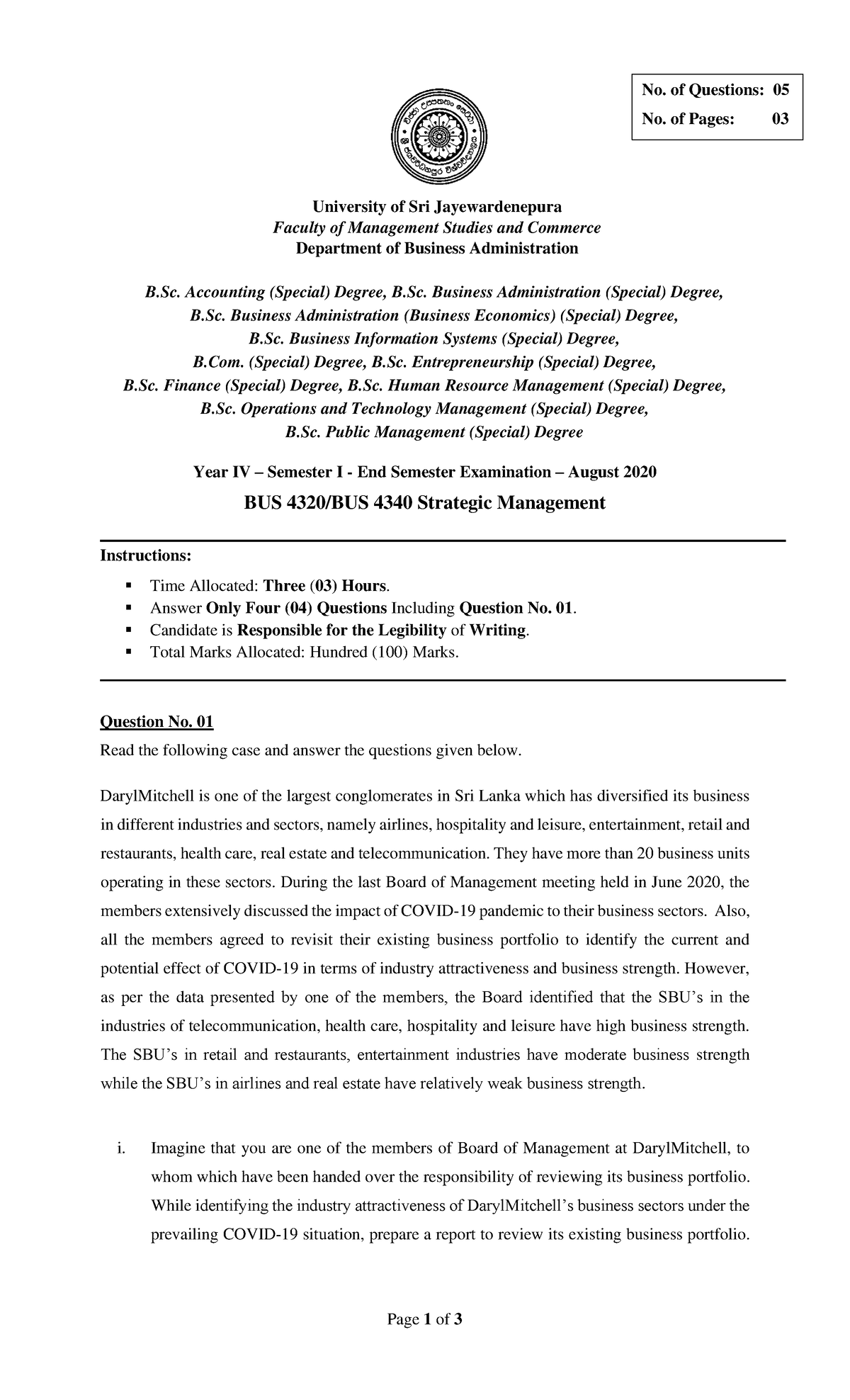 2020 Strategic Management Past Paper - Page 1 Of 3 University Of Sri 