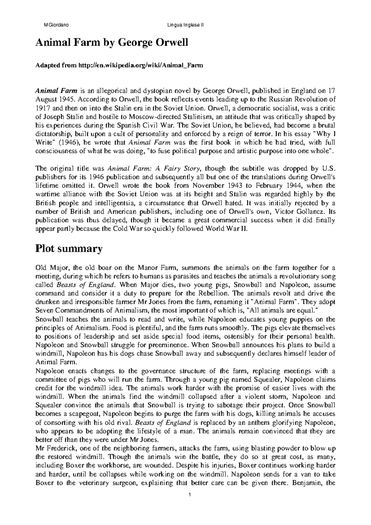 Animalfarmsummary - Summary Animal Farm - MGiordano Lingua Inglese II 1