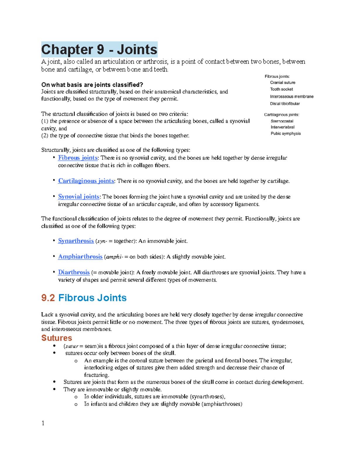 Chapter 9 study notes - Chapter 9 - Joints A joint, also called an ...