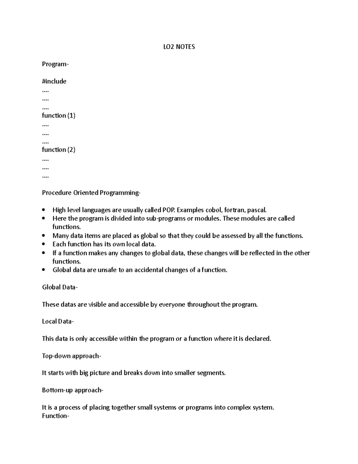 Programming notes - LO2 NOTES Program- #include .... .... .... function ...