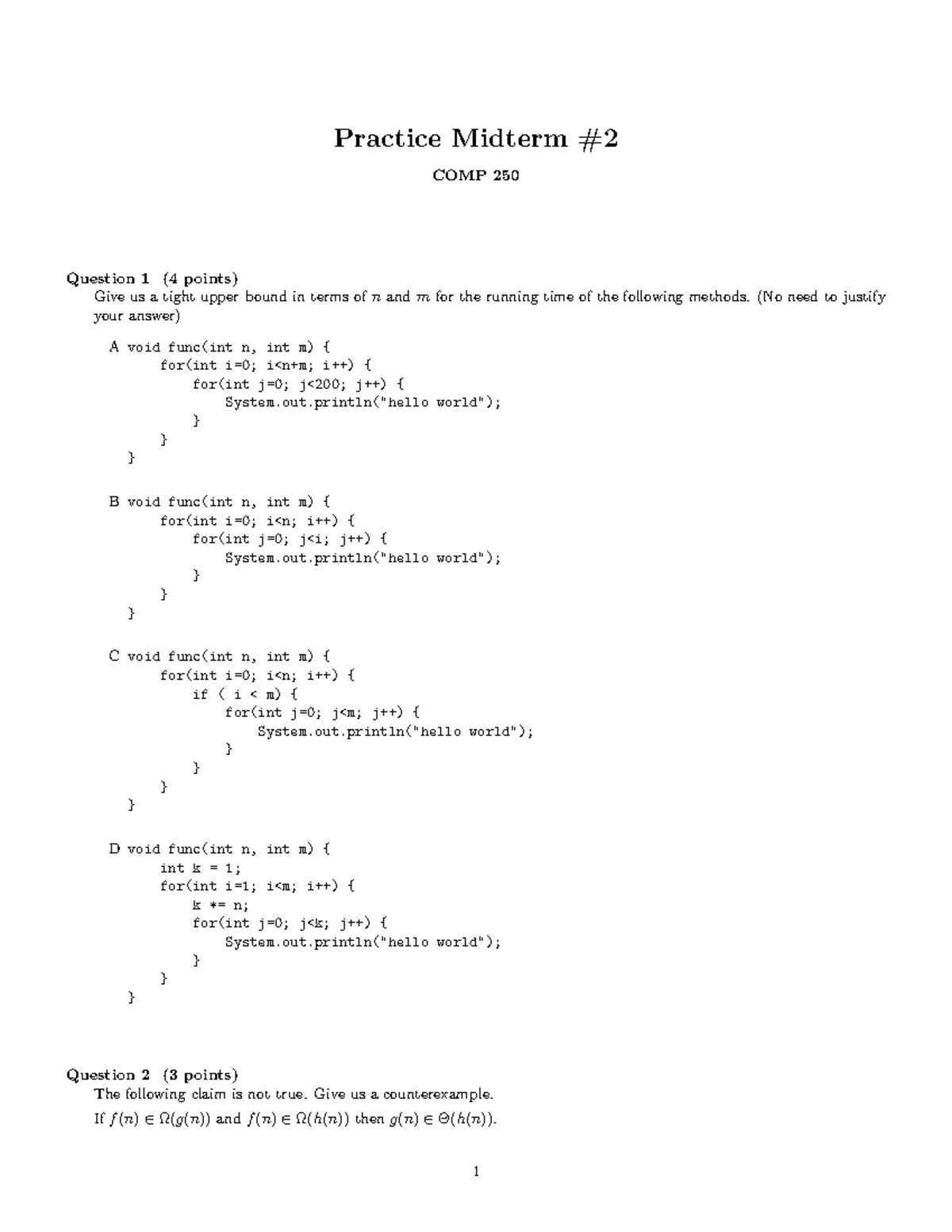 COMP250 Practice Midterm 2 2 - Practice Midterm COMP 250 Question 1 (4 ...