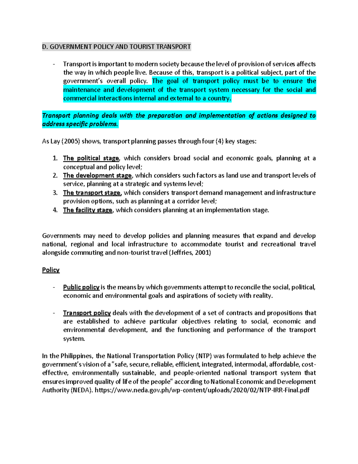 Government Policy and Tourist Transport - D. GOVERNMENT POLICY AND ...