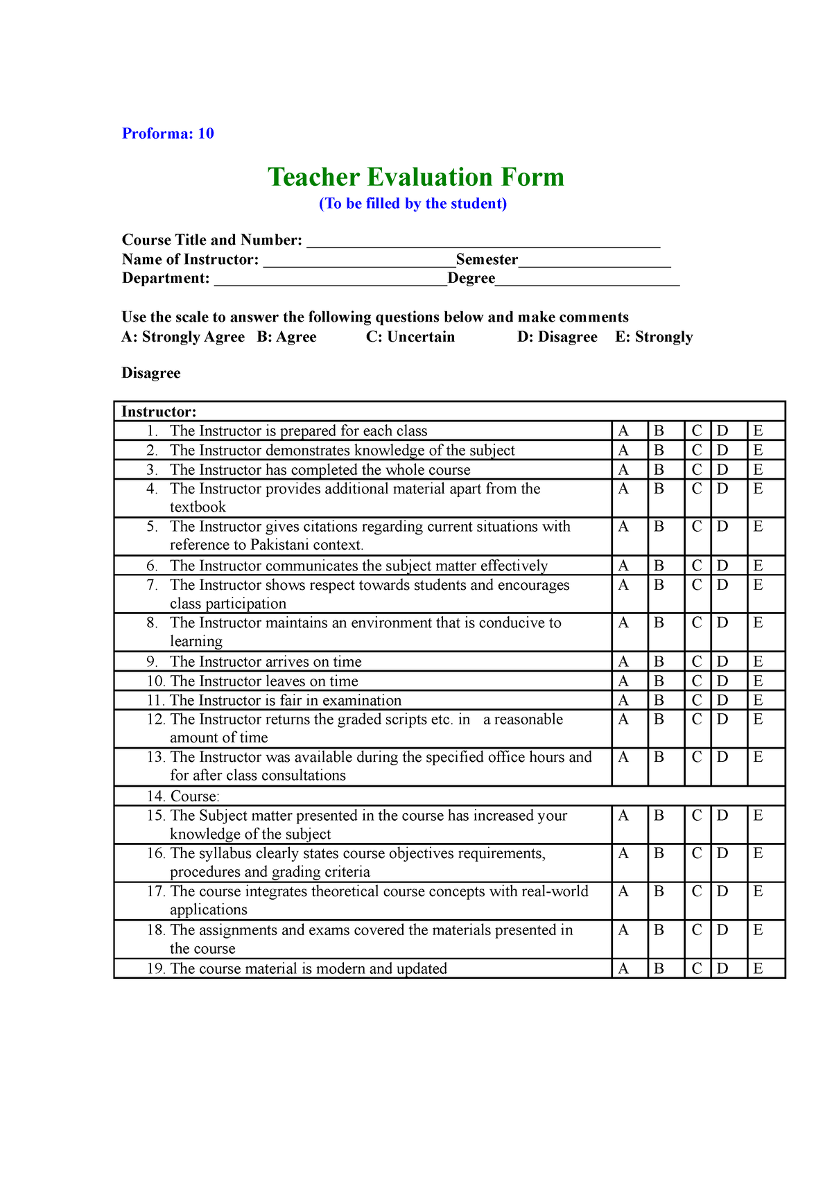 Teacher evaluation form 07 - Proforma: 10 Teacher Evaluation Form (To ...