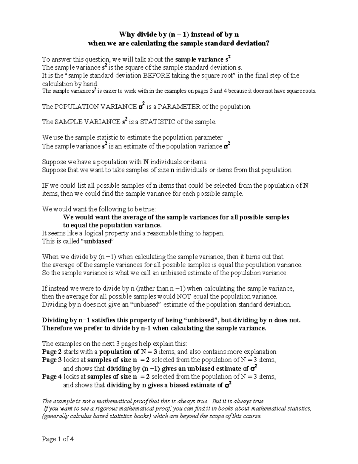 Proof variance - NOtes - Why divide by (n – 1) instead of by n when we ...