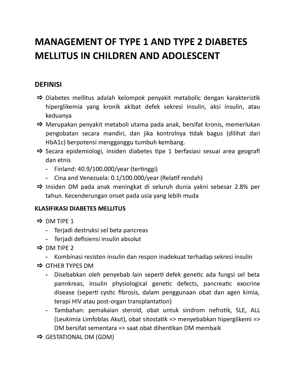 Management OF TYPE 1 AND TYPE 2 Diabetes Mellitus IN Children AND ...