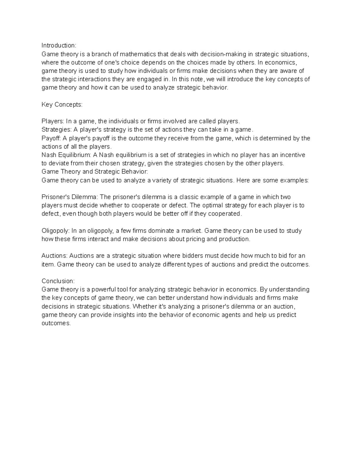 Game Theory and Strategic Behavior - Introduction: Game theory is a ...