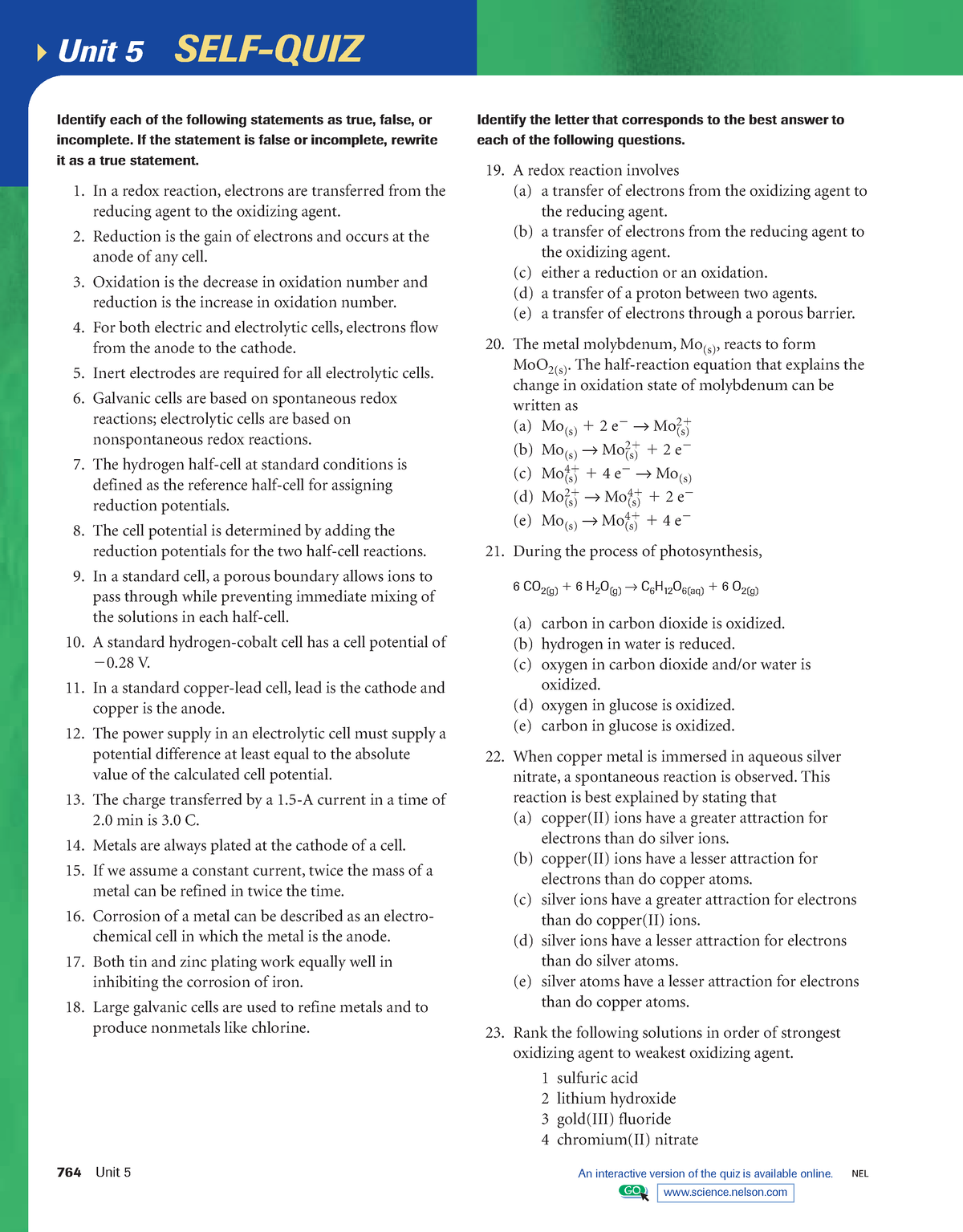 Electrochemistry Self Quiz - Unit 5 SELF-QUIZ 764 Unit 5 NEL Identify ...