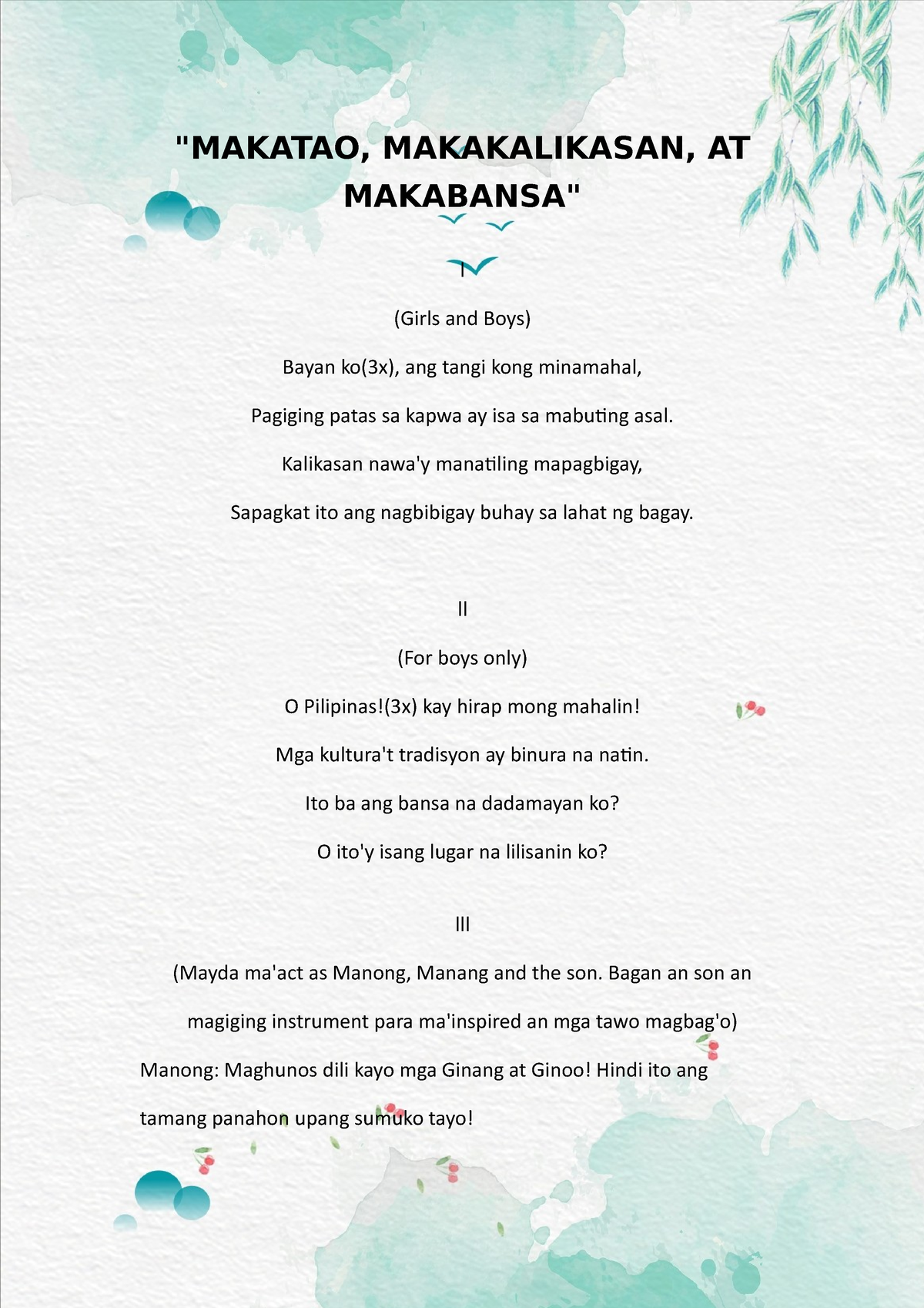 makakalikasan essay english brainly