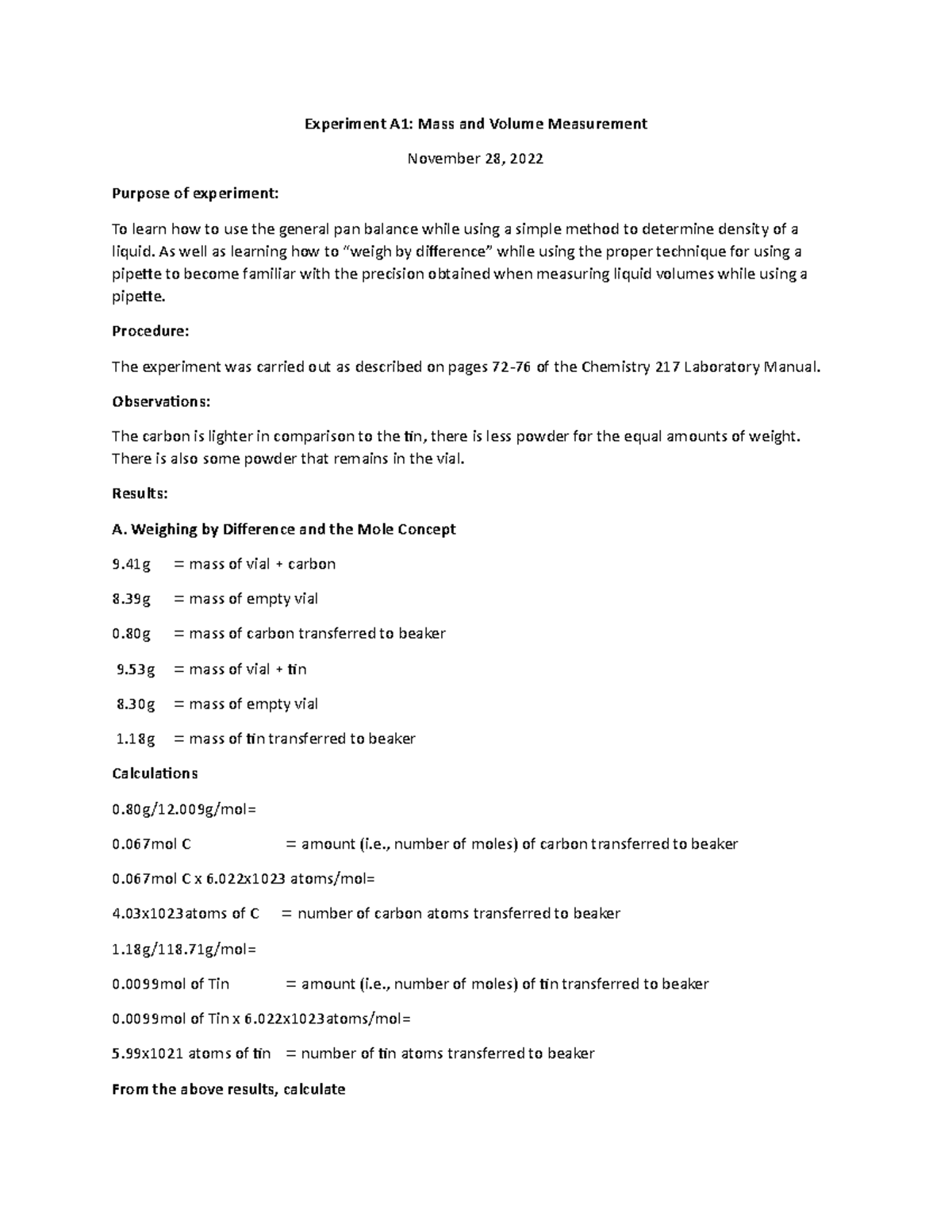 A1 chem - A1 chem - Experiment A1: Mass and Volume Measurement November ...