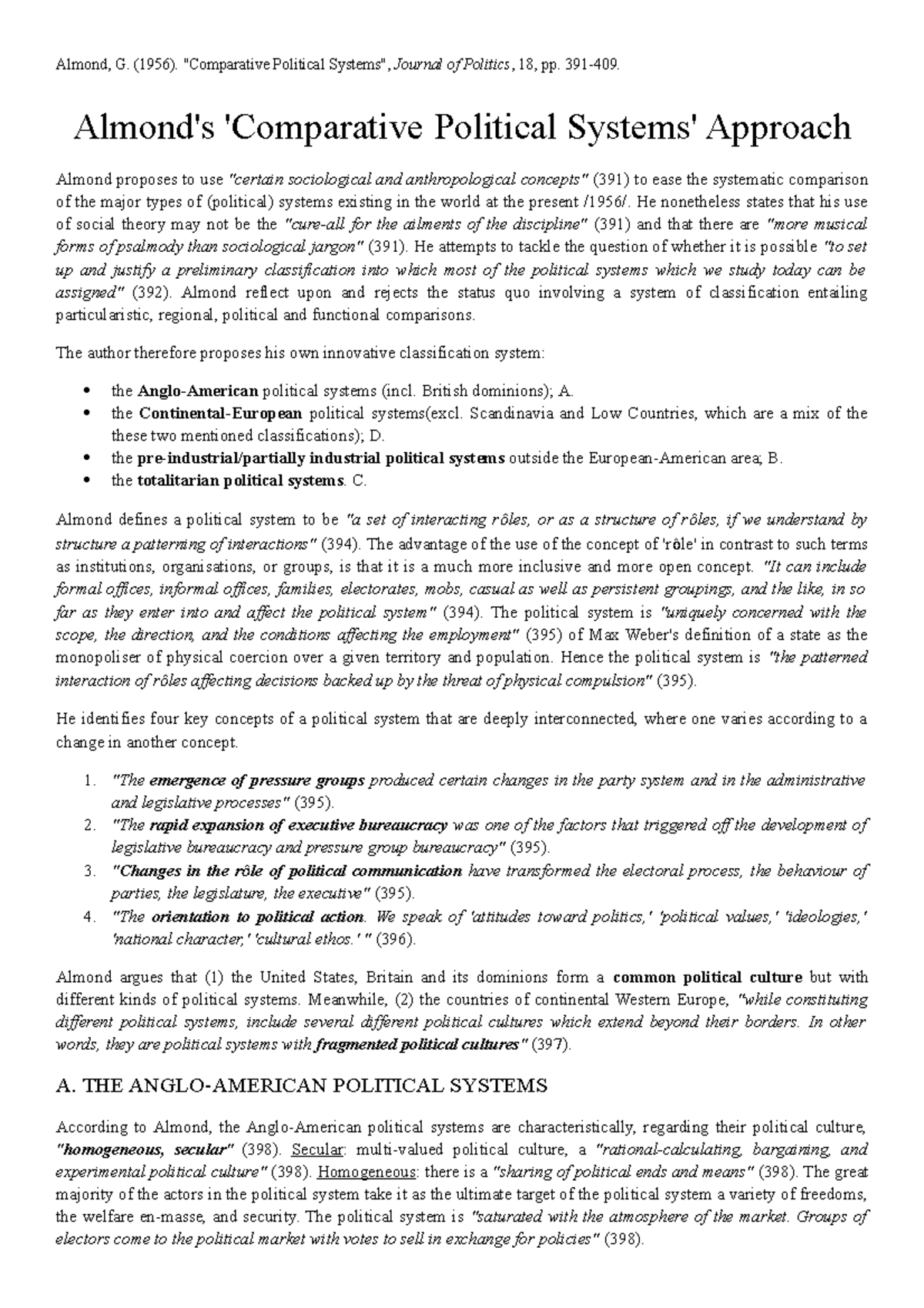 Summary Almond's Comparative Political Systems Approach Almond, G