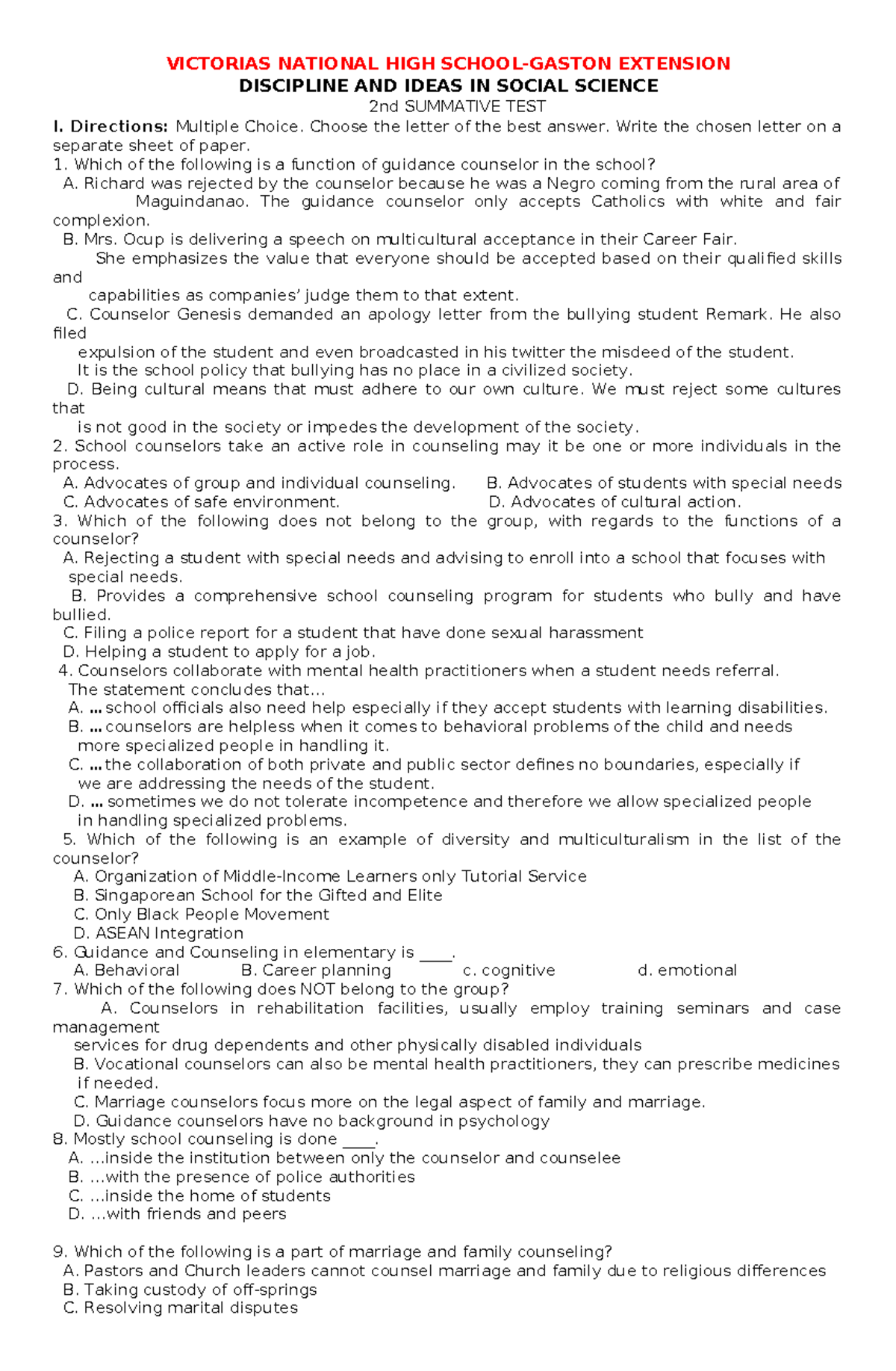 Discipline AND Ideas IN Social Science 2nd Summative test VICTORIAS