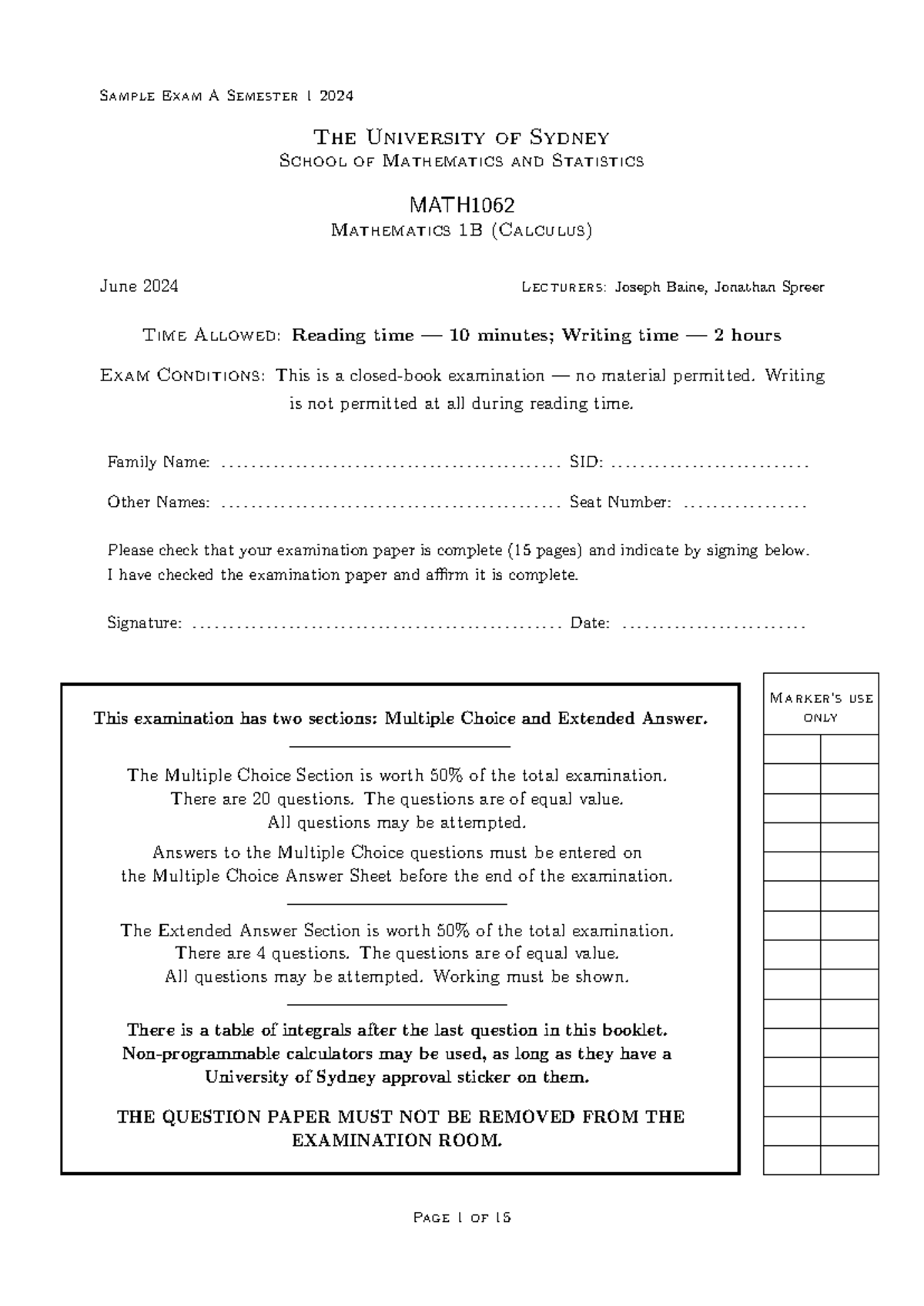 Calculus Sample Exam Math1062 Sample Exam A Semester 1 2024 The