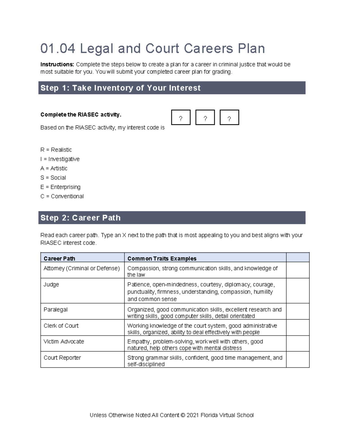 01 04 career plan - Assessment - 01 Legal and Court Careers Plan ...