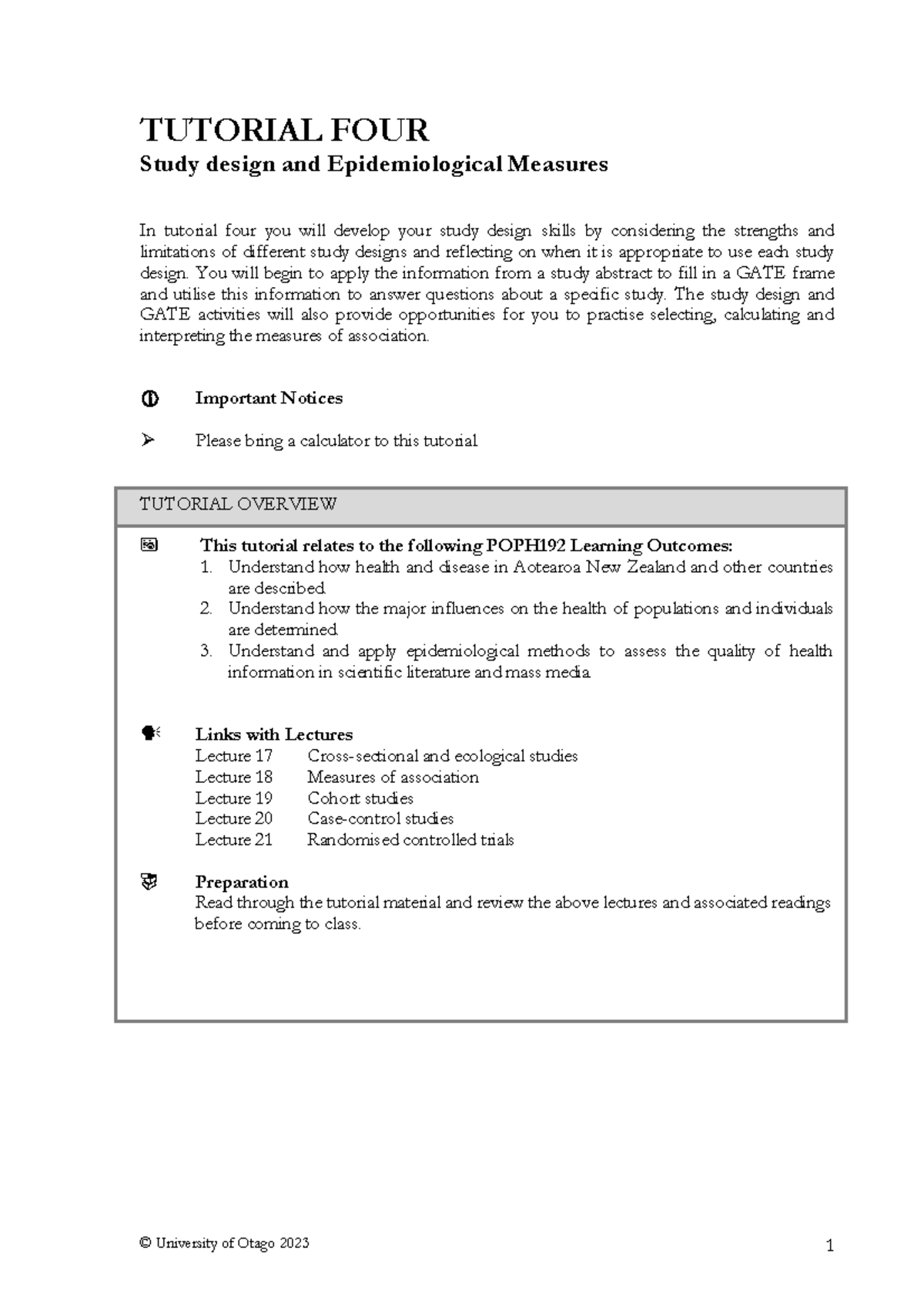 Tutorial 4 - Study design and Epidemiological Measures - TUTORIAL FOUR ...
