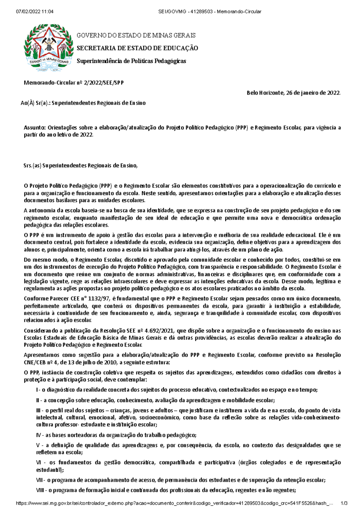 Memorando-Circular Nº 2 2022 SEE SPP - 07/02/2022 11:04 SEI/GOVMG ...