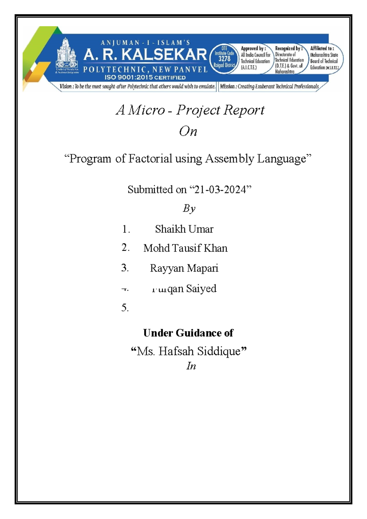 Project of microprocessor 22415 - A Micro - Project Report On “Program ...