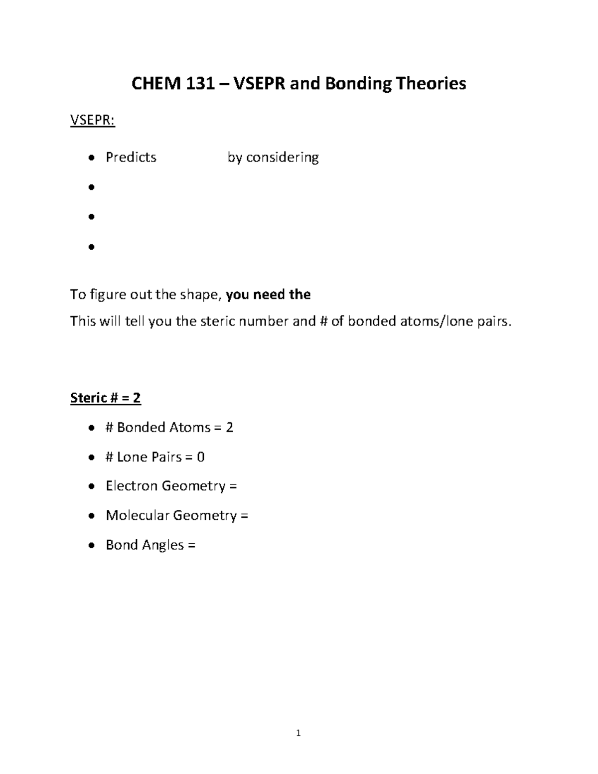 Vsepr And Bonding Theories Guided Notes - CHEM 131 – VSEPR And Bonding ...