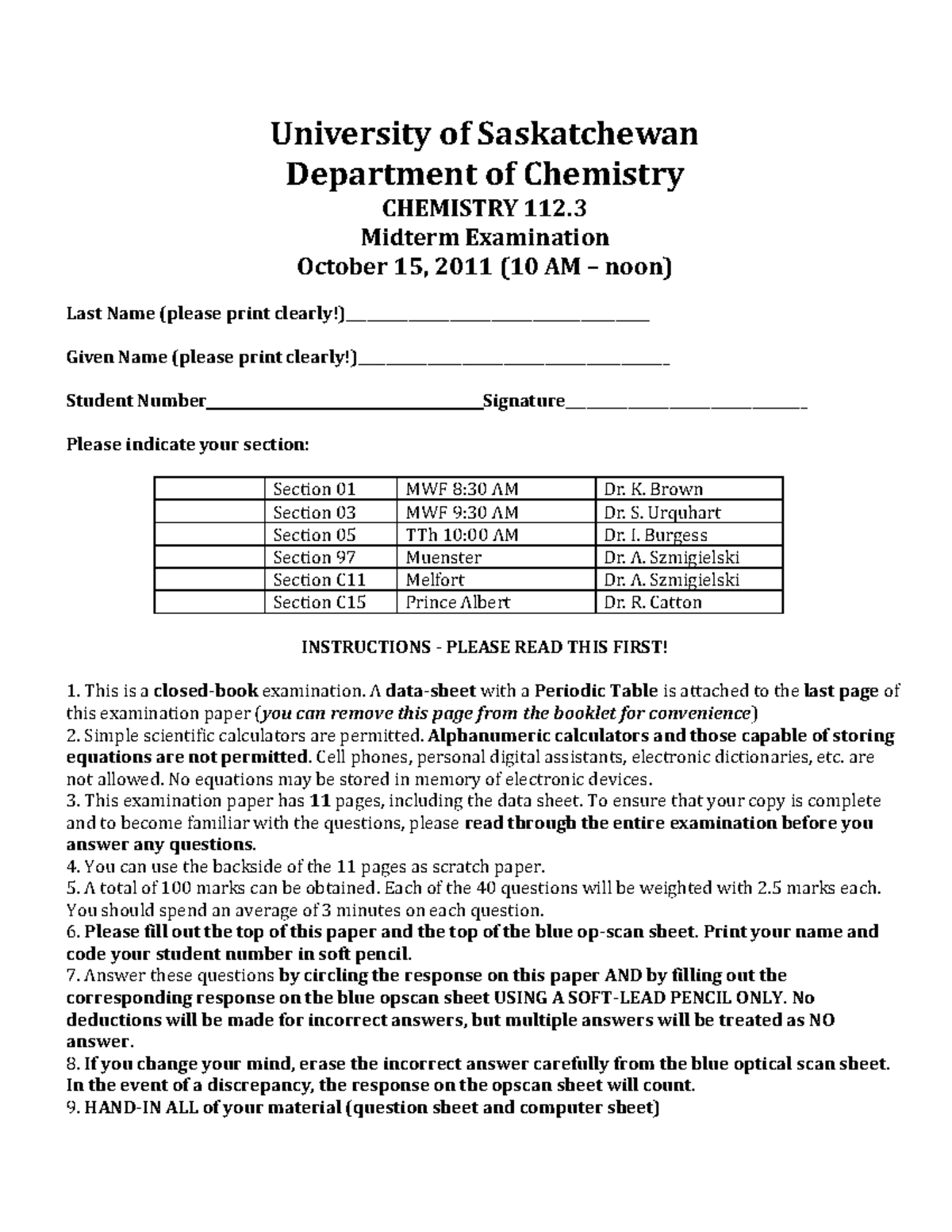 Chem 112 Sample Midterm Exam 1 University of Saskatchewan Department