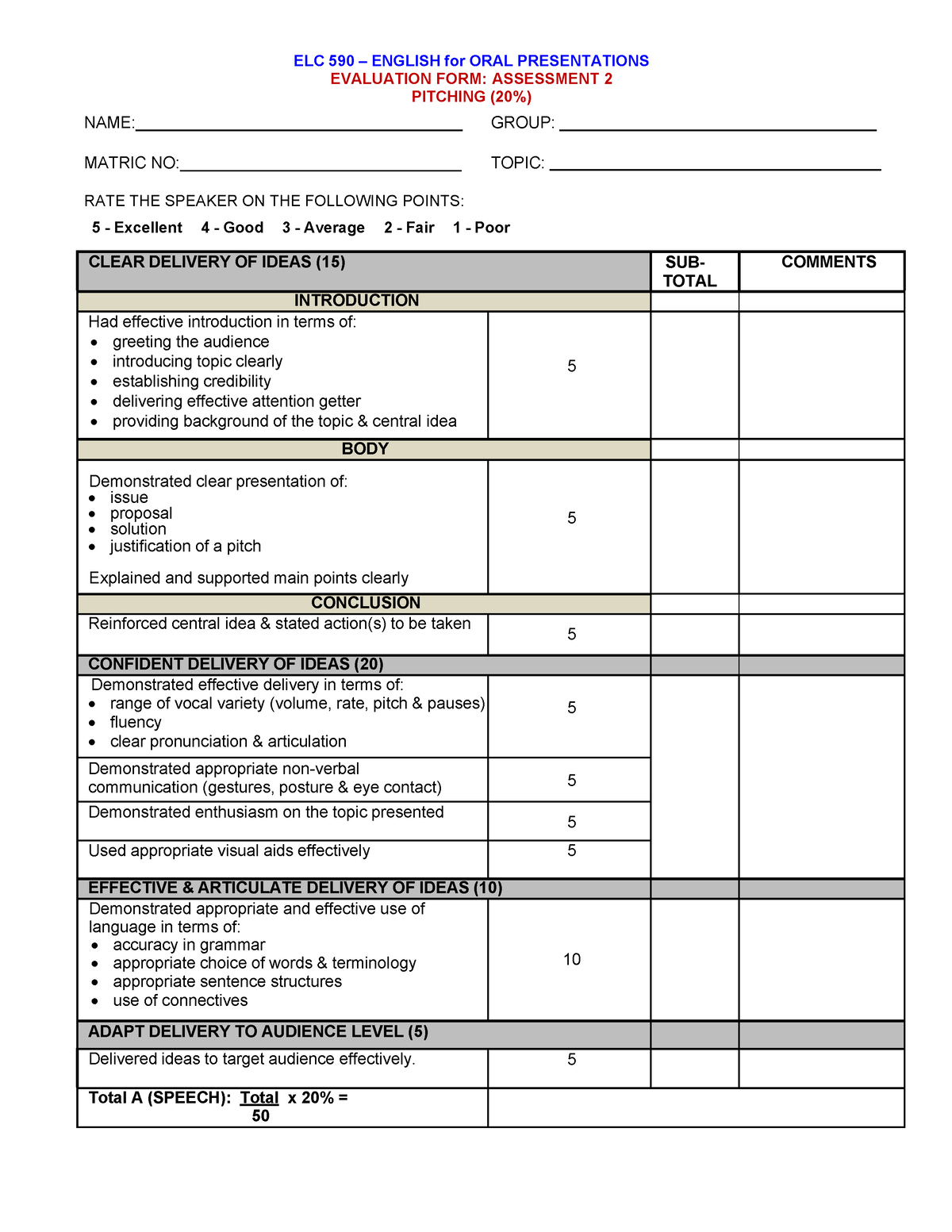 Elc590 Pitching Evaluation Form ( Dummy) (20224) - Elc 590 – English 