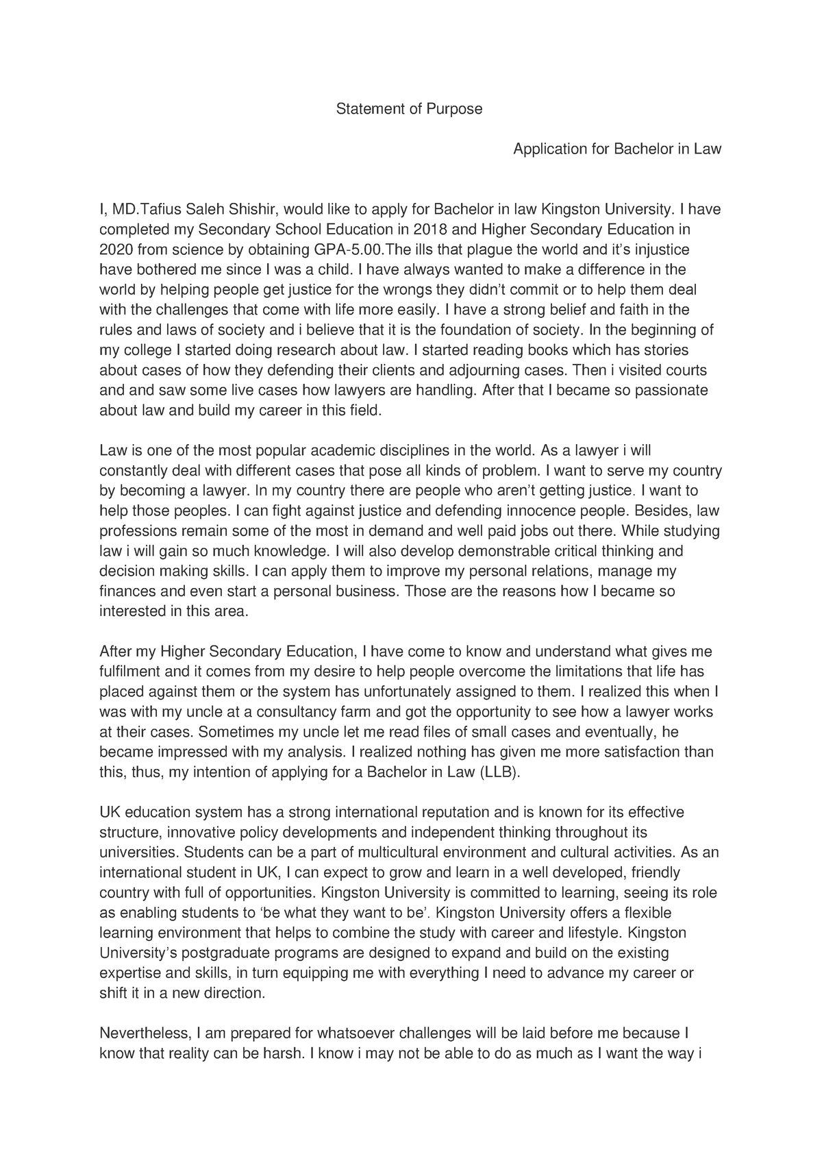 kingston university personal statement