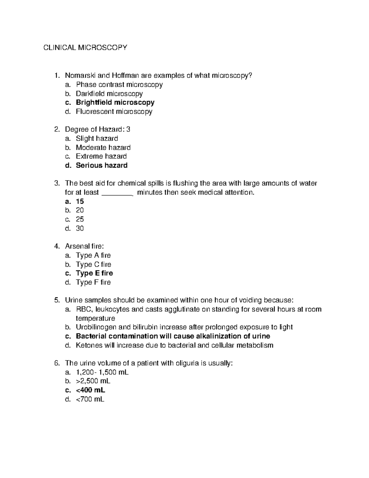Sample/practice exam 2017, questions and answers CLINICAL MICROSCOPY