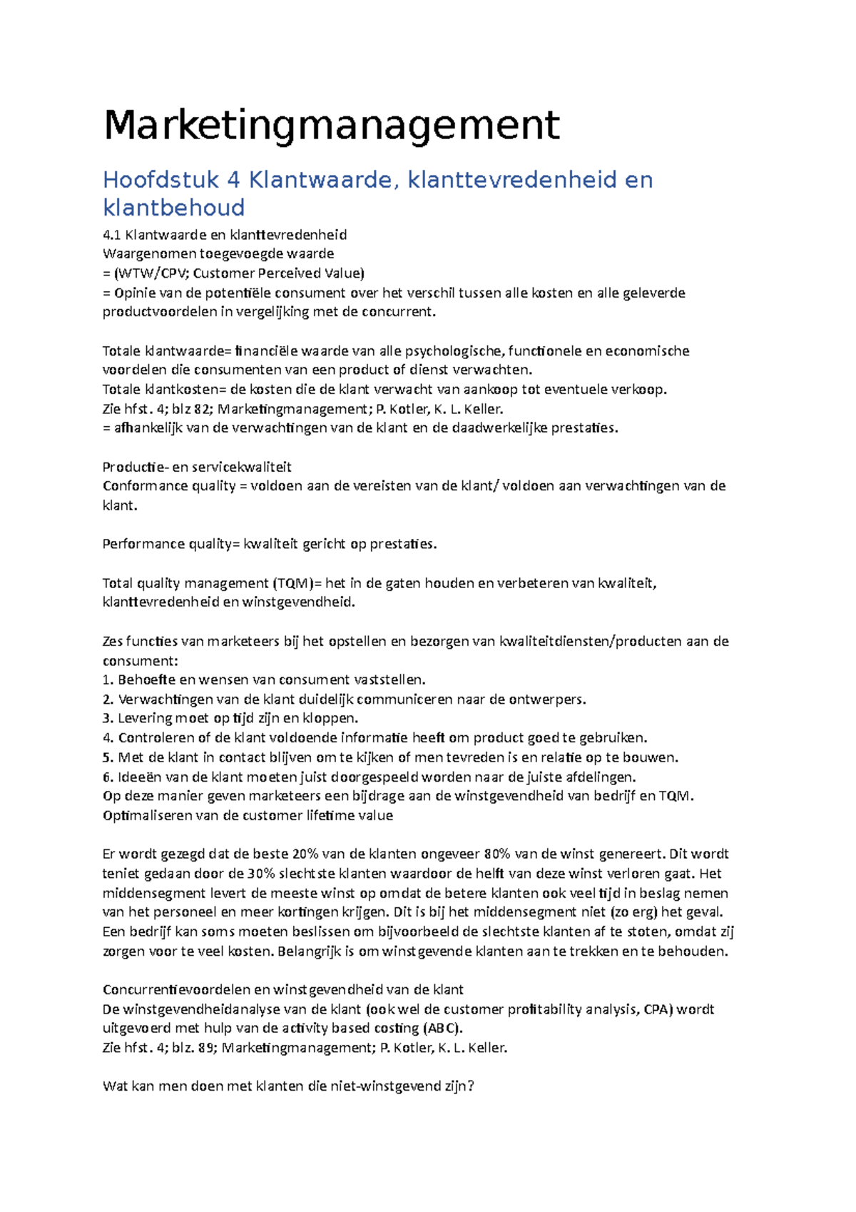 Marketingmanagement H4 - Marketingmanagement Hoofdstuk 4 Klantwaarde ...