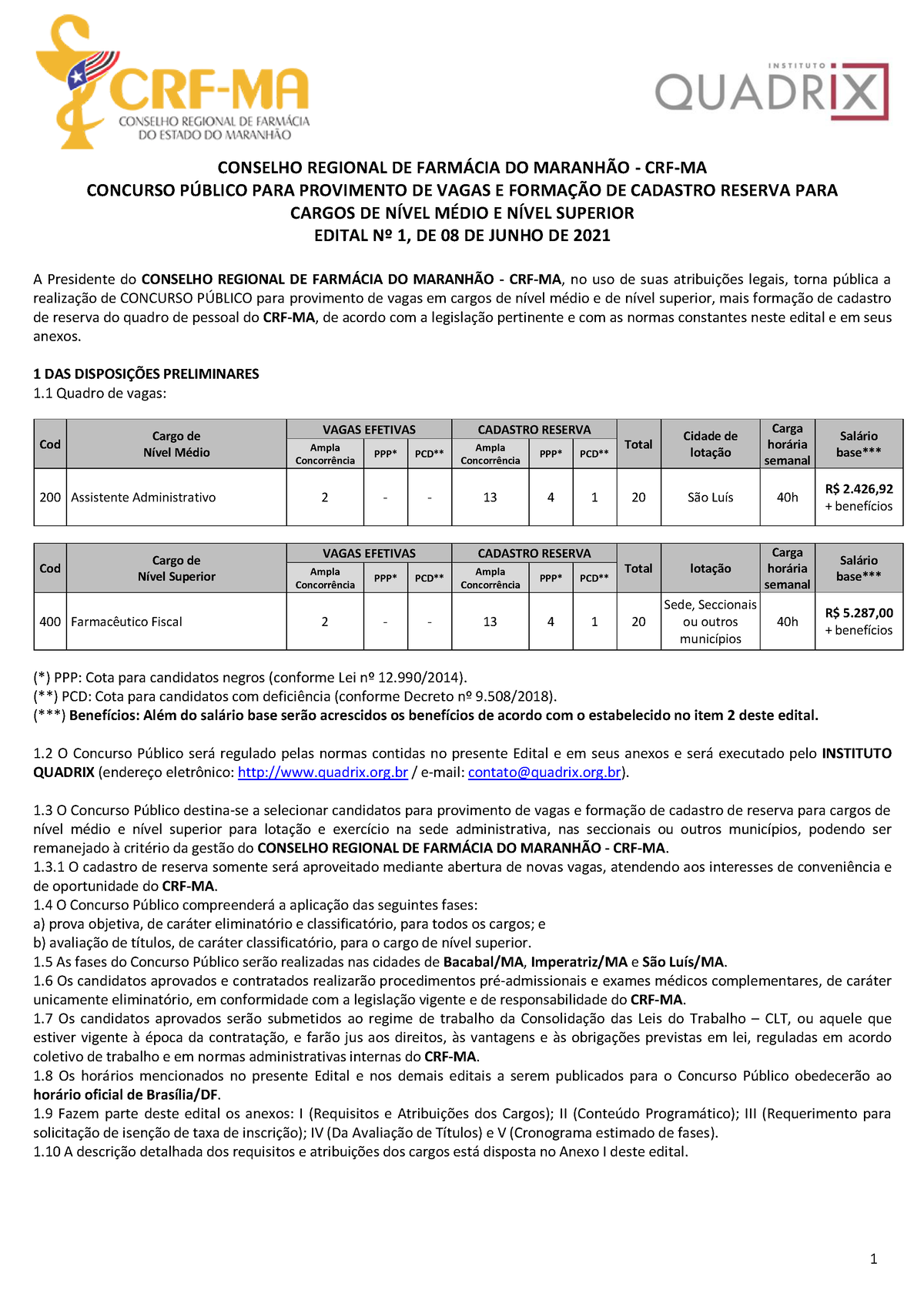 1 Crf Ma Concurso Publico 2021 Edital 1 Conselho Regional De FarmÁcia Do MaranhÃo Crf Ma 5995