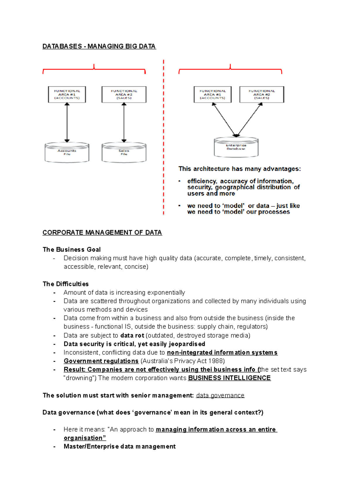 Week 8 - Week course content summary - DATABASES - MANAGING BIG DATA ...