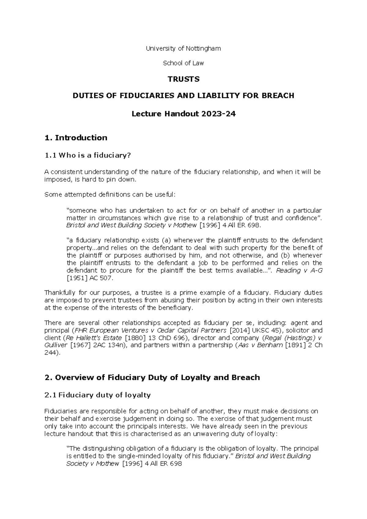 Lecture Handout 2 - Fiduciary Duties and Liability on Breach 23-24 ...