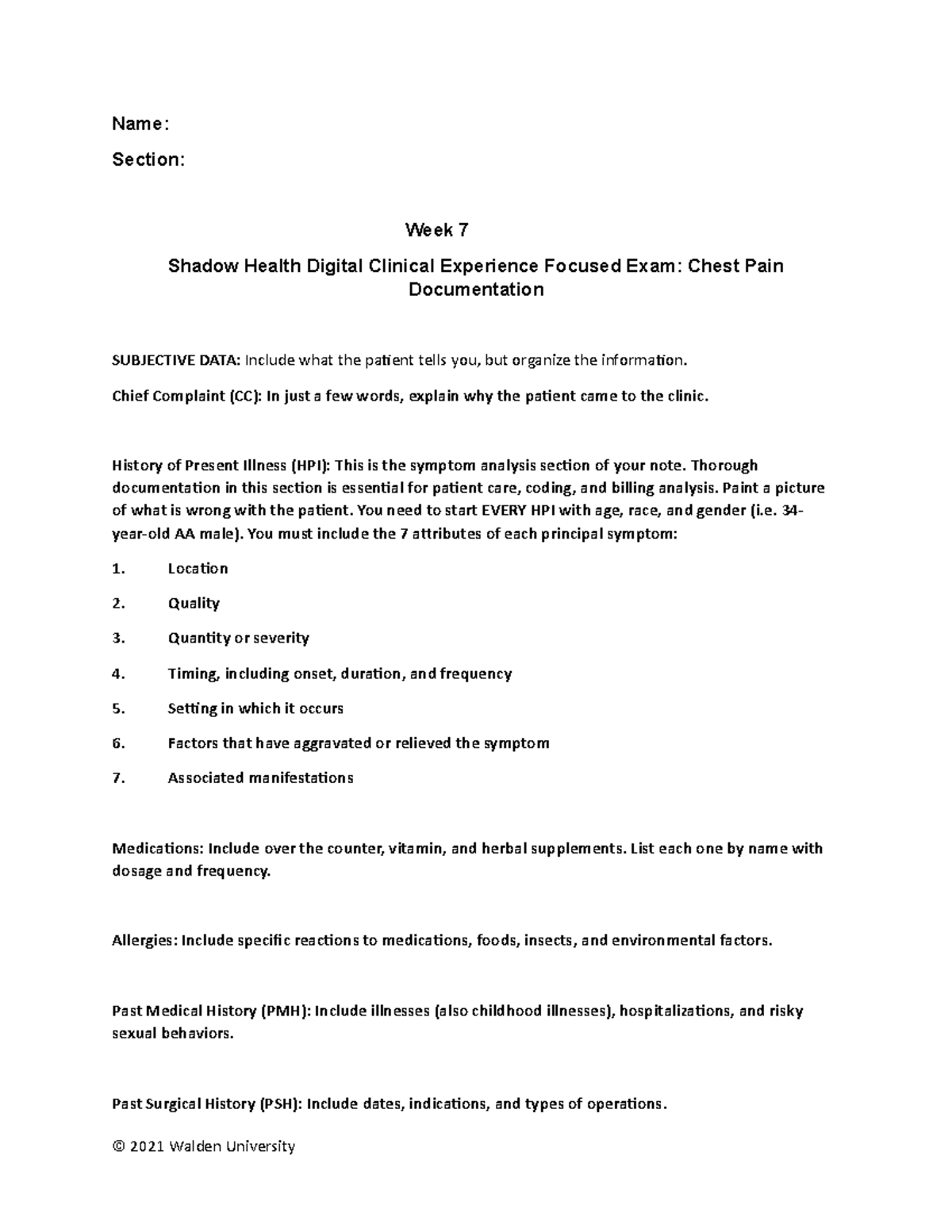 Week 7 SH Focused Chest Pain Template -265986042 - Name: Section: Week ...