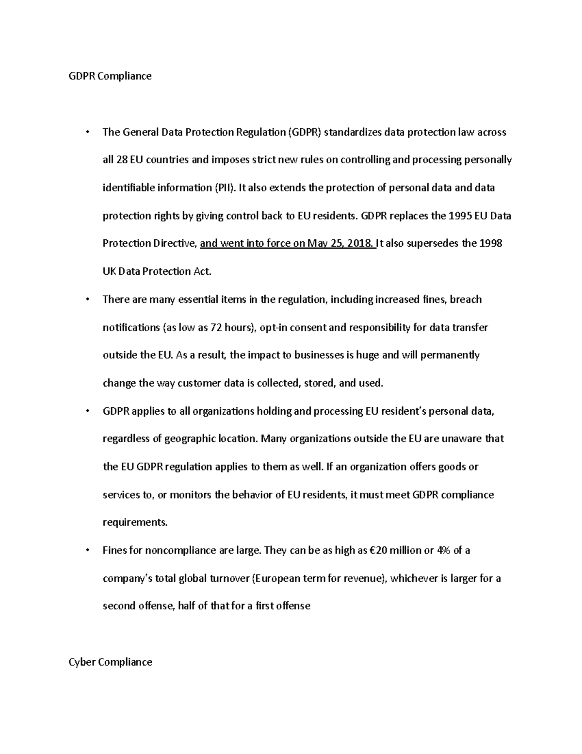GDPR Compliance - Lecture notes 8 - GDPR Compliance The General Data ...