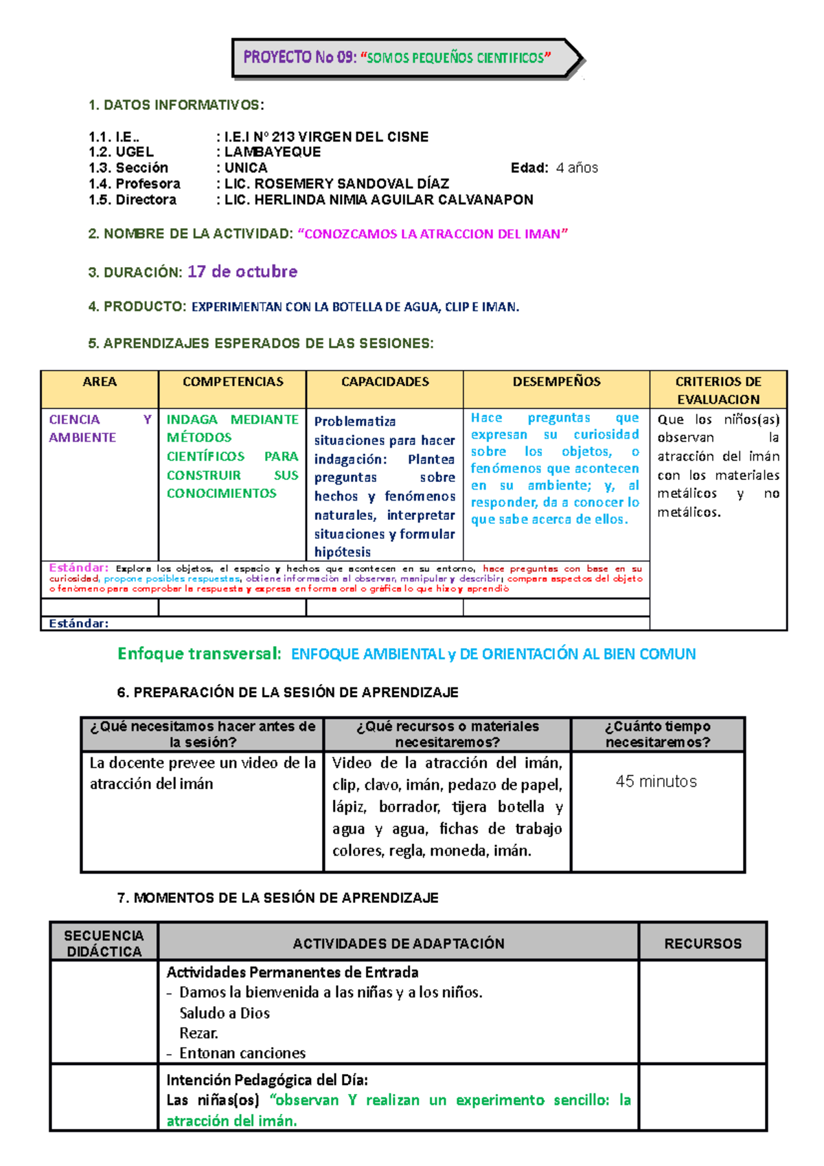 Sesion De Clase Dia De Octubre Atraccion Del Iman Datos Informativos I I E N