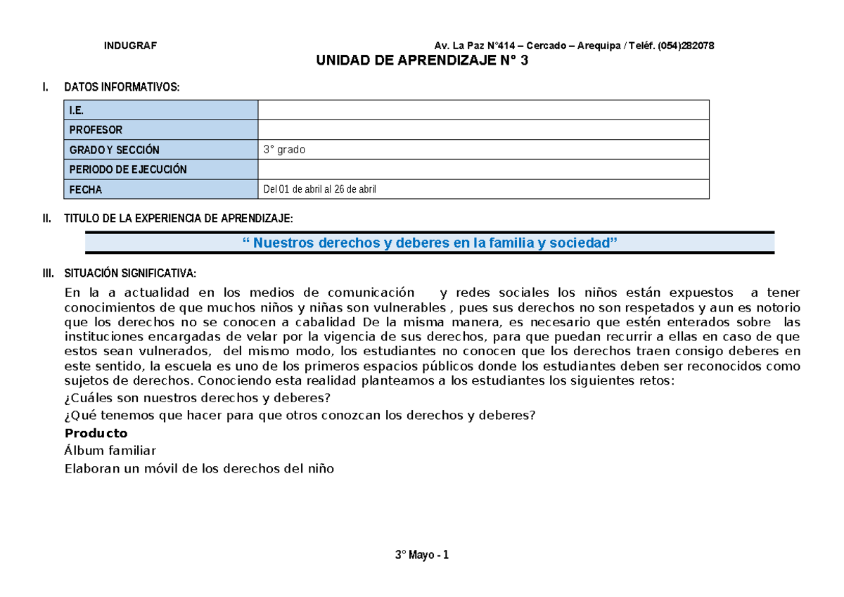 3° Grado - Unidad DE Aprendizaje N° 03 Derecho Deberes - UNIDAD DE ...