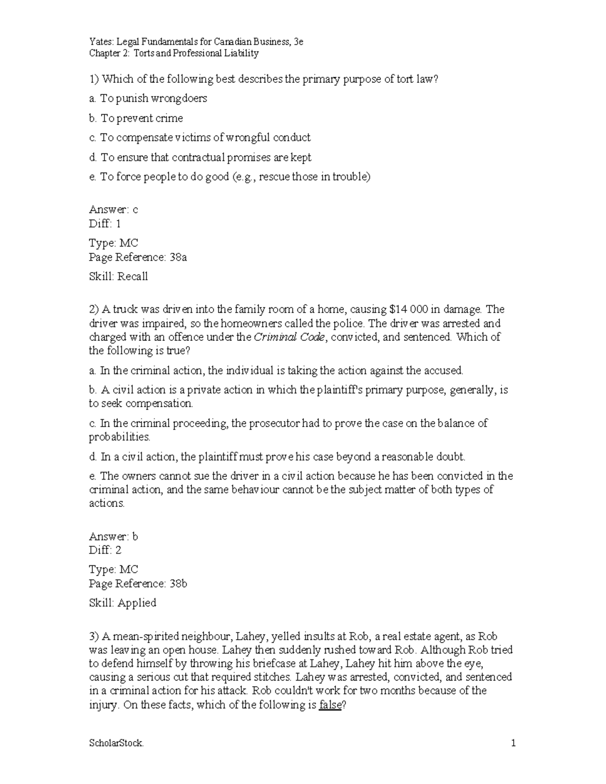 Chap 2 Business Law Practice Test Chapter 2 Torts And Professional Liability Which Of The Chap 2 Business Law Practice Test Chapter 2 Torts And Professional Liability Which Of The